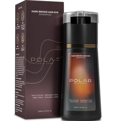 POLAR HAIR CARE: botella con bomba, aplicación rápida y color marrón oscuro.
