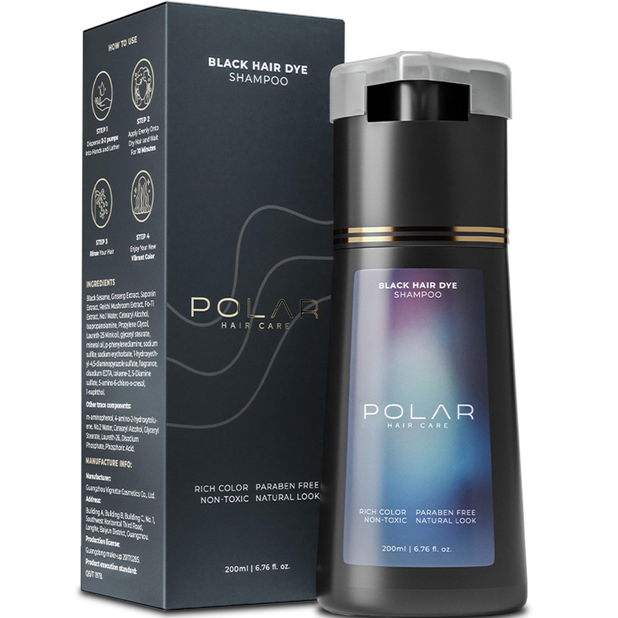 Polar Hair Care: botella de tinte negro para uso casero, cobertura rápida de canas.