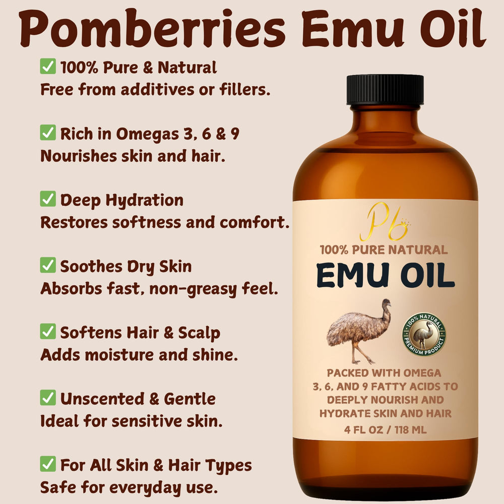 Pomberries aceite de emú enfocado en cabello y uñas para nutrición ligera.
