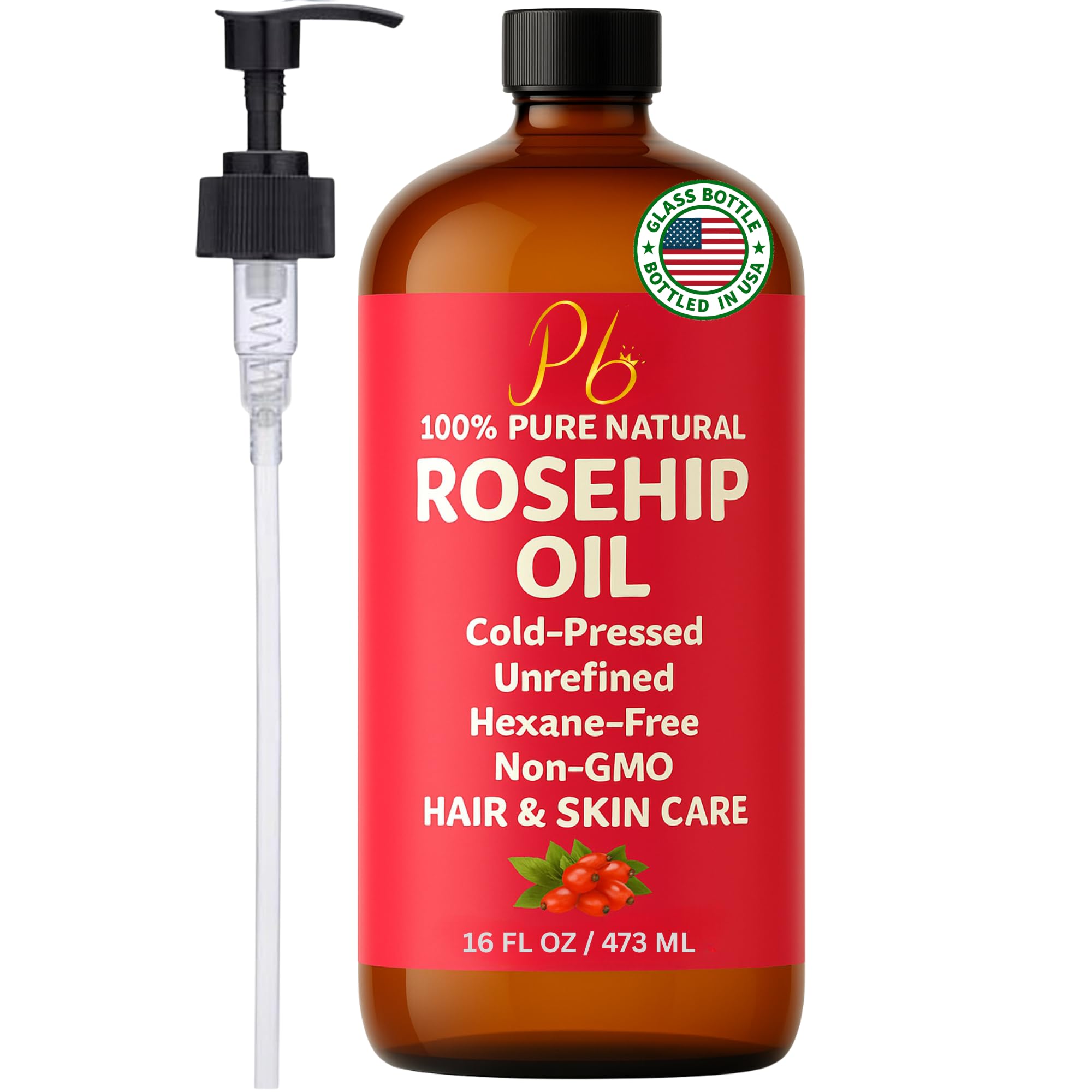 Pomberries Rosehip Seed Oil bottle with pump for easy daily use.