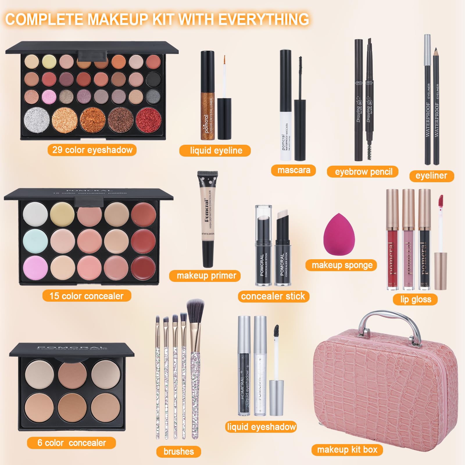 Pomcral kit maquillaje profesional, interior: organización y precisión para aplicación limpia.