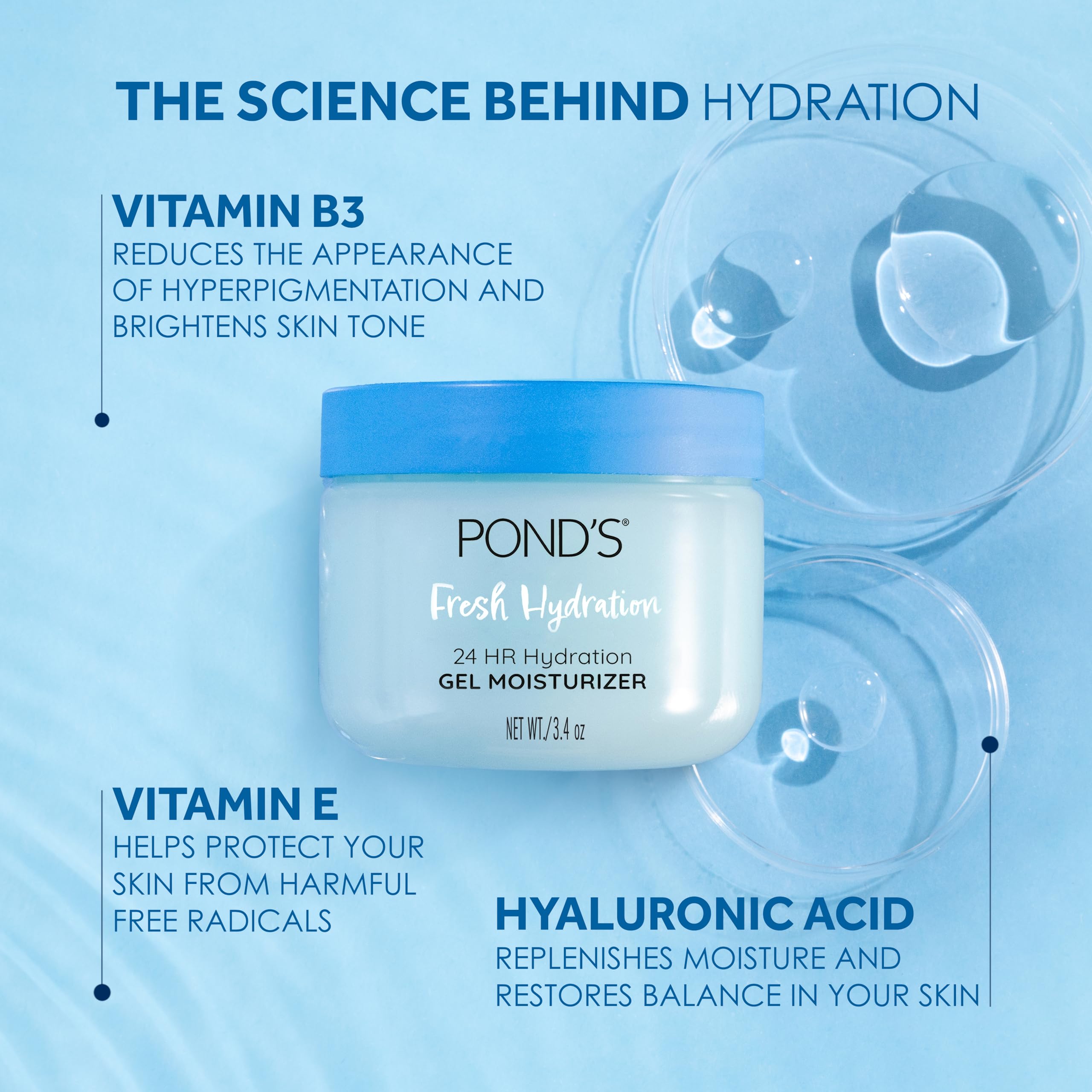 POND’S con cuatro tipos de ácido hialurónico para hidratación profunda.