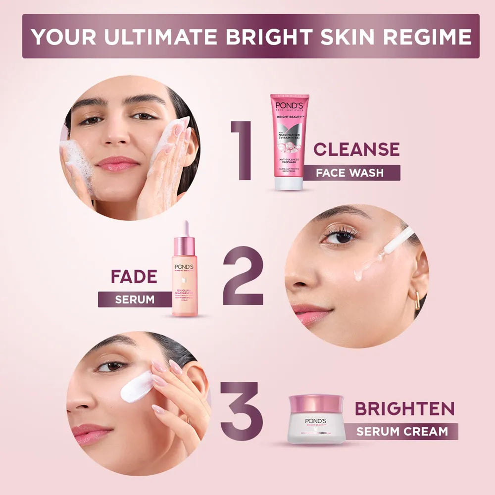 POND'S Bright Beauty Serum, brillo y radiancia, mejora la apariencia con uso continuo.