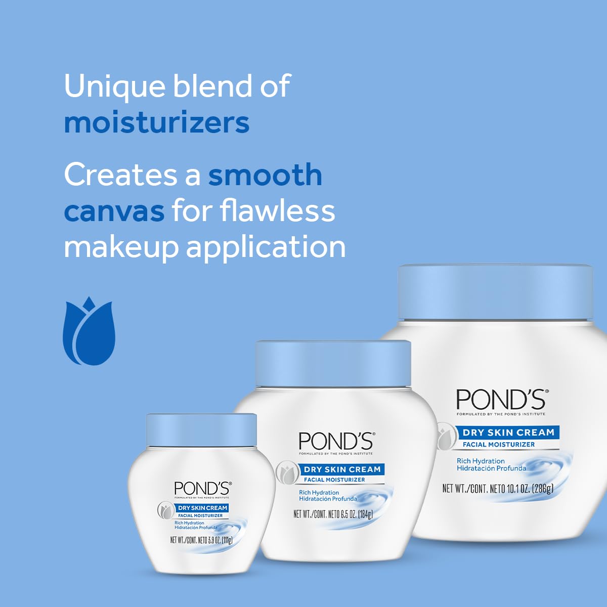 POND'S Crema Piel Seca contiene ingredientes hidratantes que sellan la humedad.