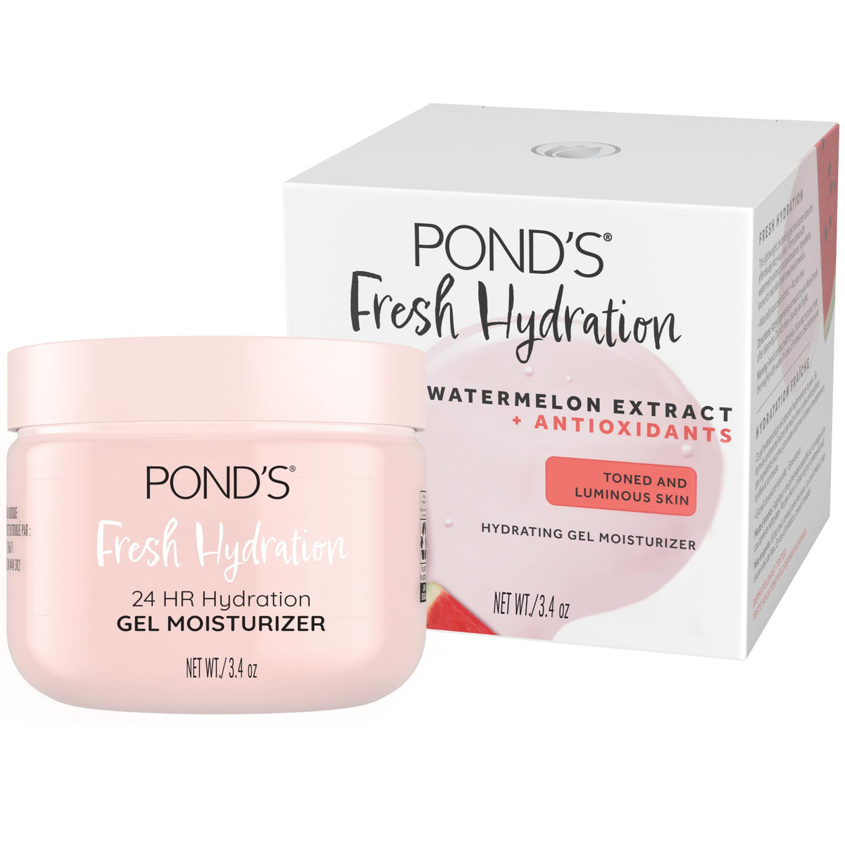 POND'S gel hidratante de sandía, bote visible, ofrece aplicación suave para hidratar durante el día.