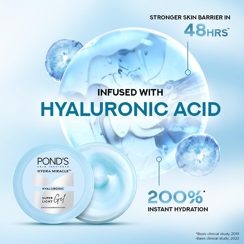 Pond's Super Light Gel frente de la botella, enfoque en aplicación suave.