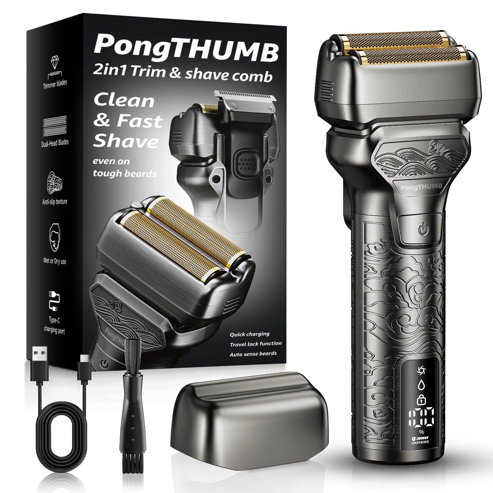 PongTHUMB diseño metalico y ergonómico para un agarre seguro durante el afeitado