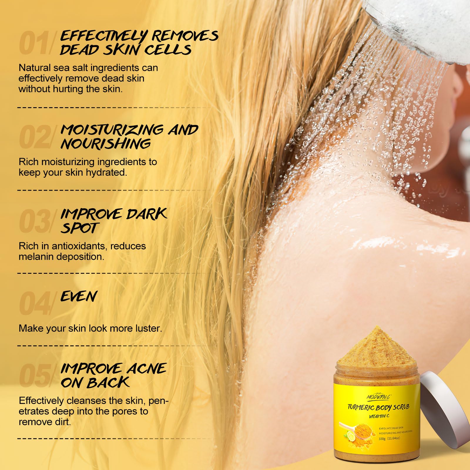 POP MODERN.C Aplicación manual del exfoliante curcuma-vitamina-c para piel sedosa.