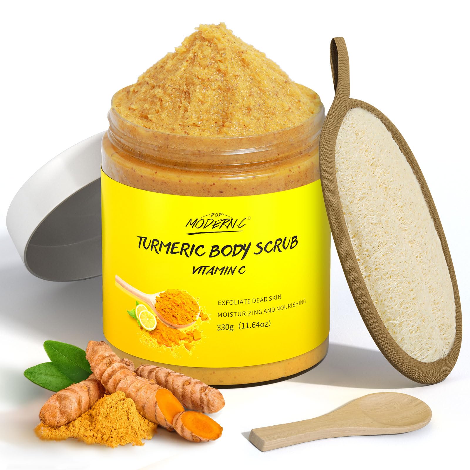 POP MODERN.C Exfoliante corporal curcuma-vitamina-c, lufa frente para piel suave.