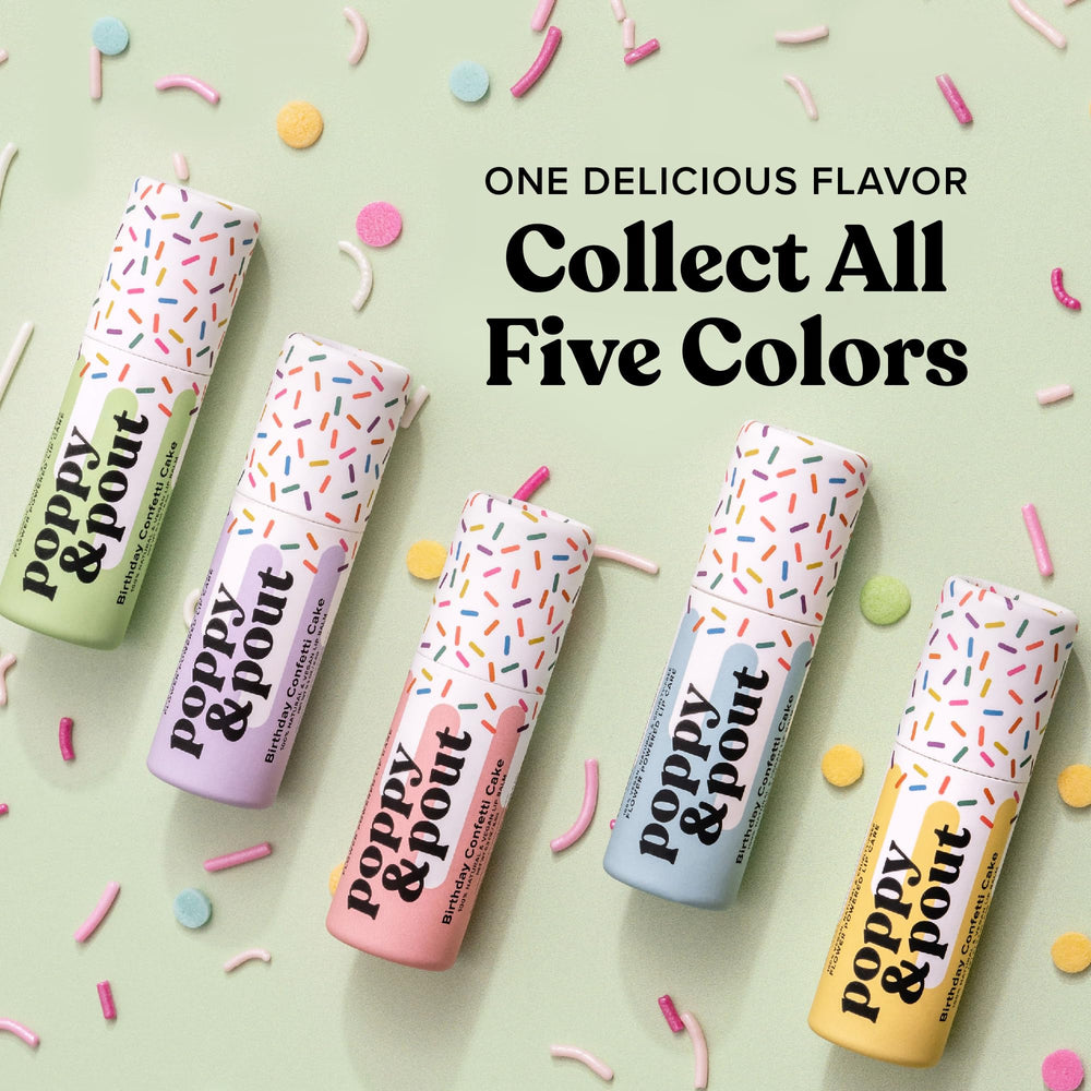 Five design options of Poppy & Pout Birthday Cake lip balms for gifting