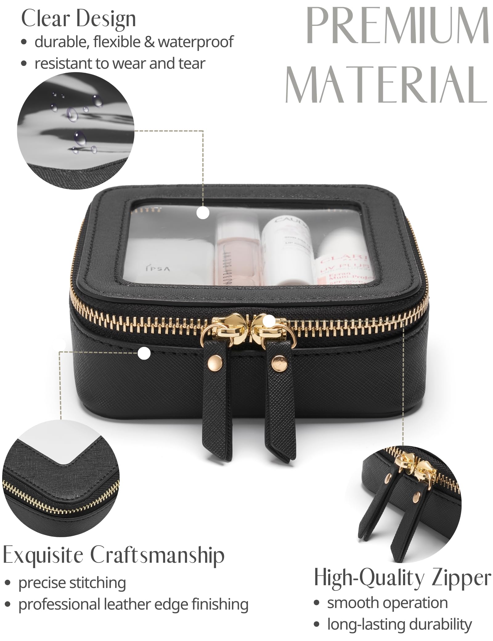 Popvibe bolso maquillaje transparente con cremallera dorada, acceso rápido y seguro