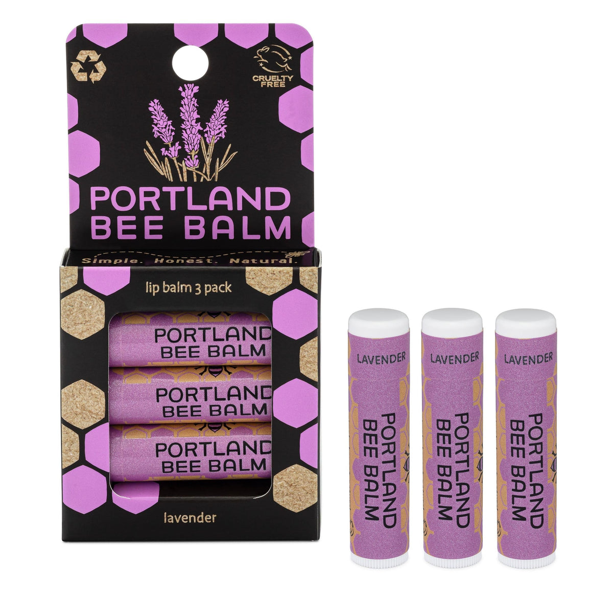 Portland Bee Balm Lavanda en empaque compacto, ideal para viaje diario.
