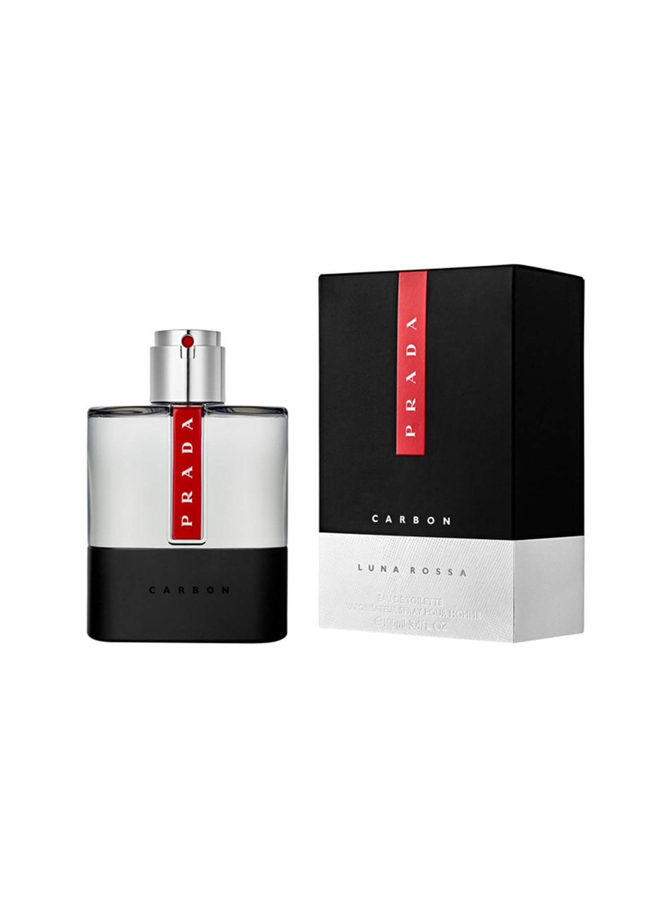 Prada Luna Rossa Carbon, fondo neutro, protagonismo del frasco y notas aromáticas.