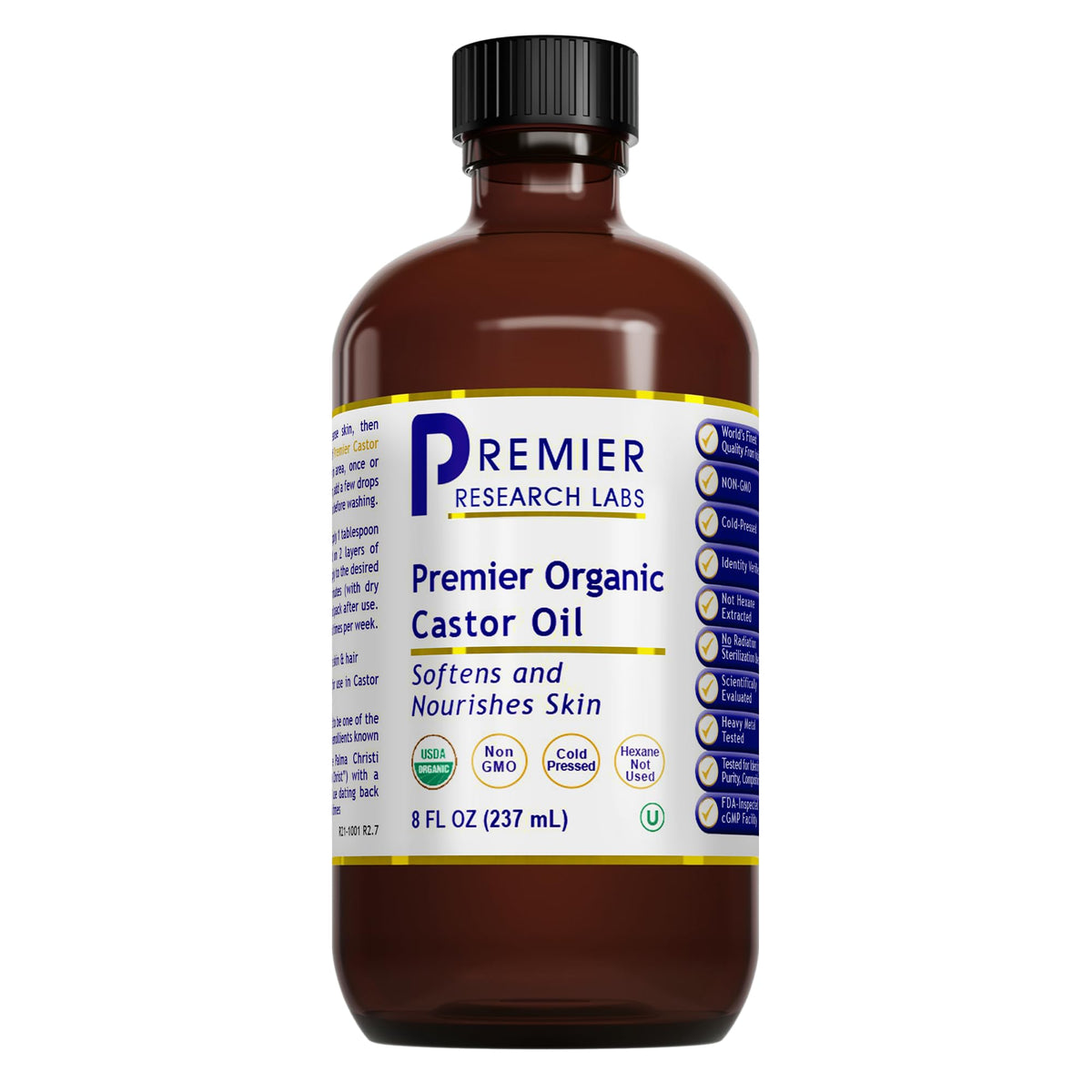 Premier Research Labs aceite de ricino orgánico: botella para uso diario en la piel.