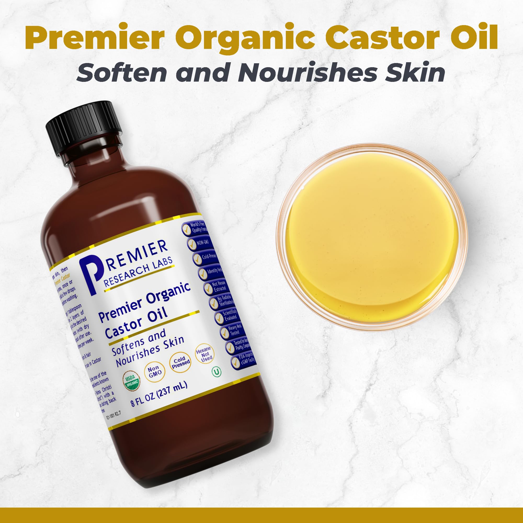 Premier Research Labs aceite de ricino orgánico: etiqueta clara que inspira confianza.