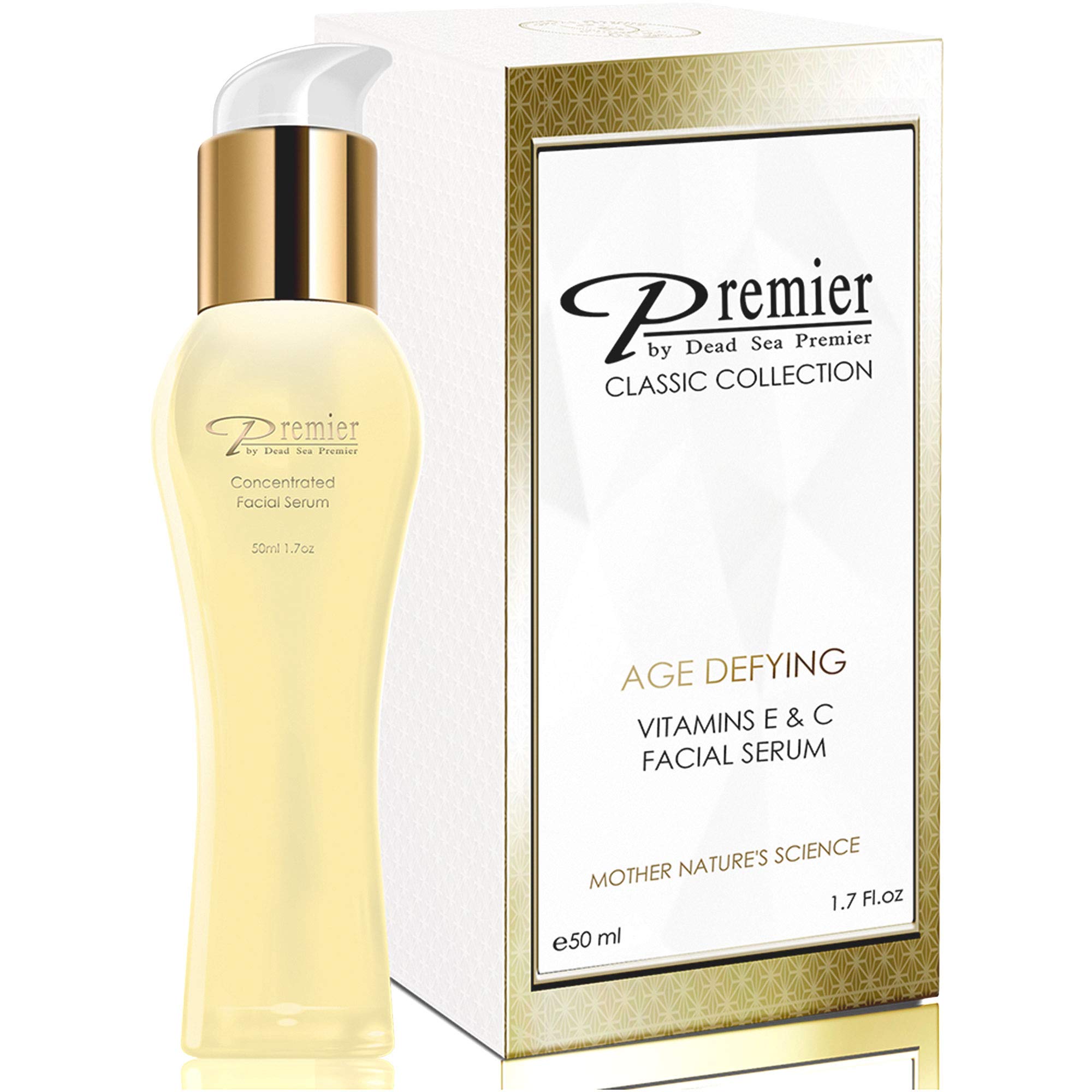 Premier concentrado facial vitamina C mar Muerto, botella lista para uso diario.