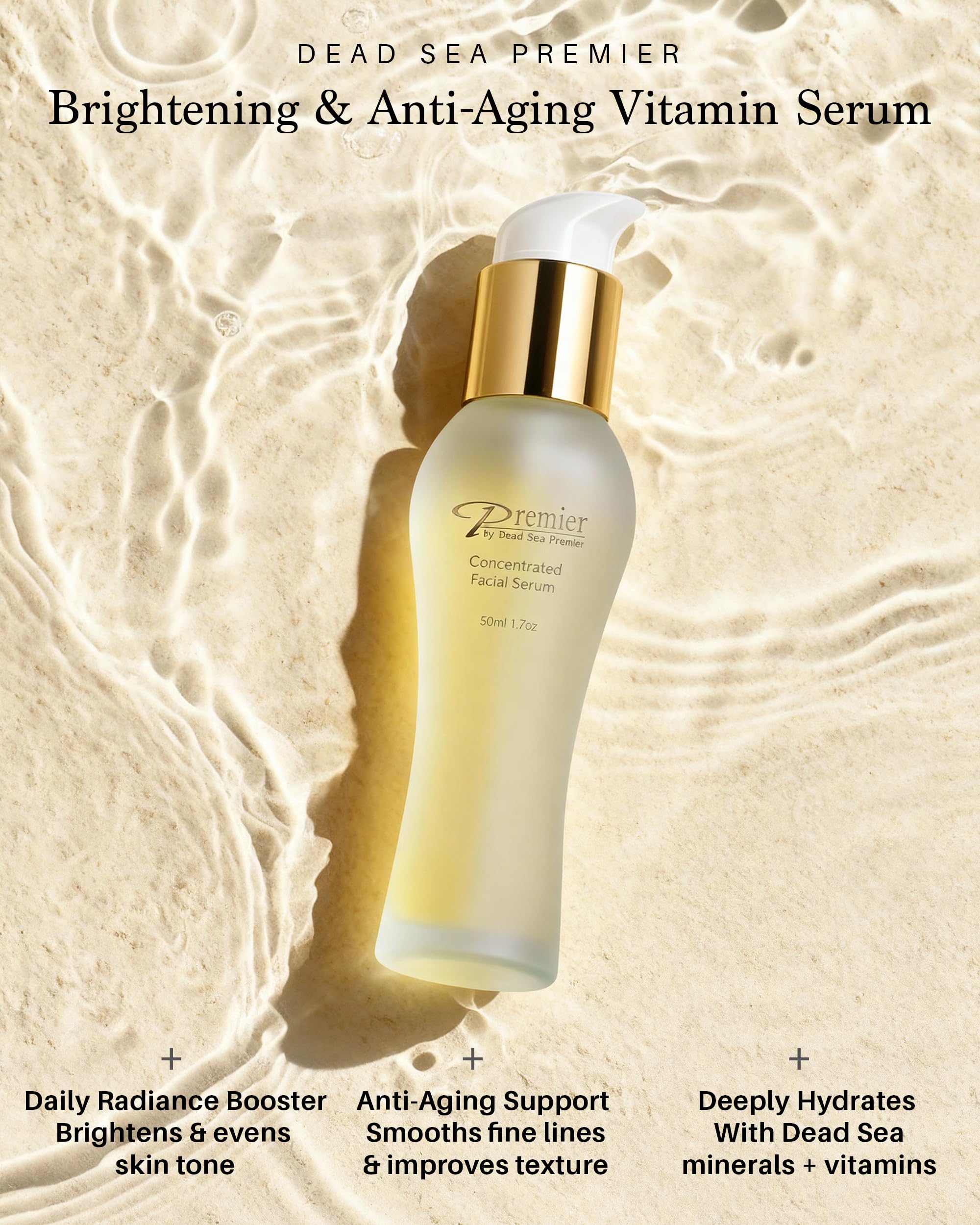 Premier concentrado facial vitamina C mar Muerto, primeros planos de minerales y aceites beneficiosos.