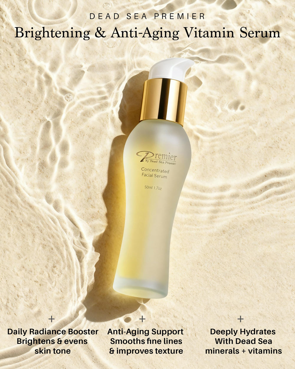 Premier concentrado facial vitamina C mar Muerto, primeros planos de minerales y aceites beneficiosos.