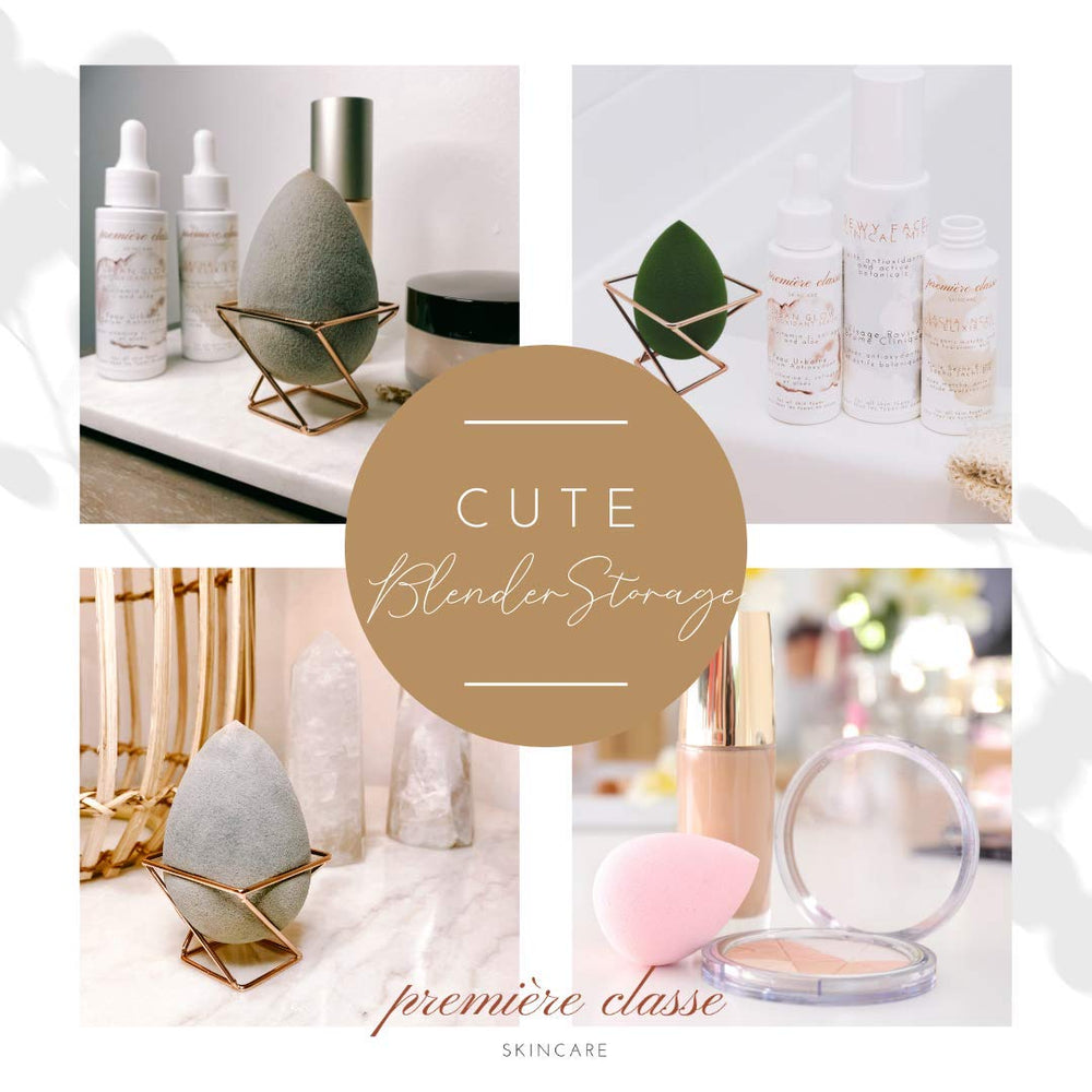 Organizador de brochas y maquillaje de Première Classe Skincare para escritorio.