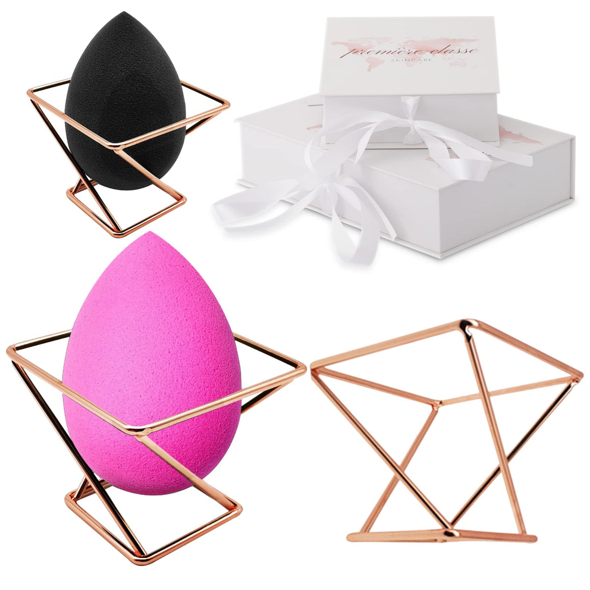 Soporte de esponja de maquillaje de Première Classe Skincare en rosa dorado para secado rápido.
