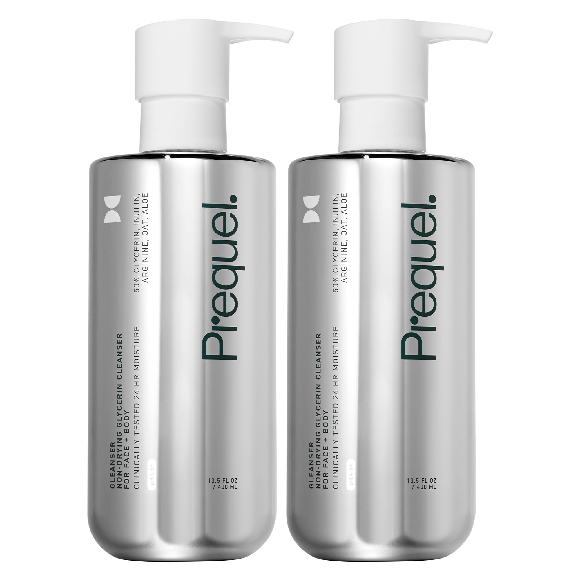 Prequel Gleanser bottle front showing unscented, hydrating formula for sensitive and dry skin.