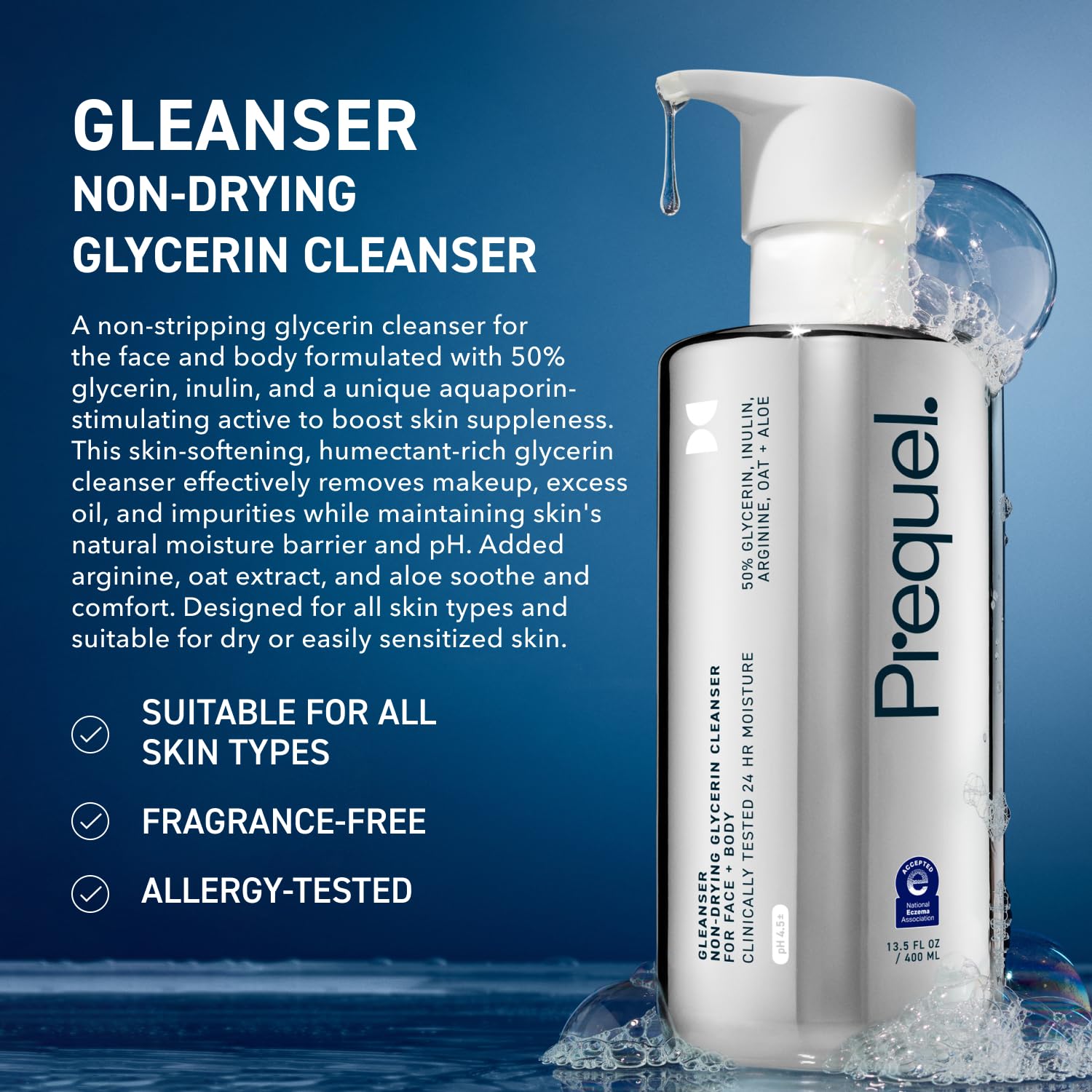 Prequel Gleanser bottle with pump closeup highlighting gentle, makeup-removing cleanser.
