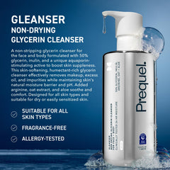 Prequel Gleanser bottle with pump closeup highlighting gentle, makeup-removing cleanser.