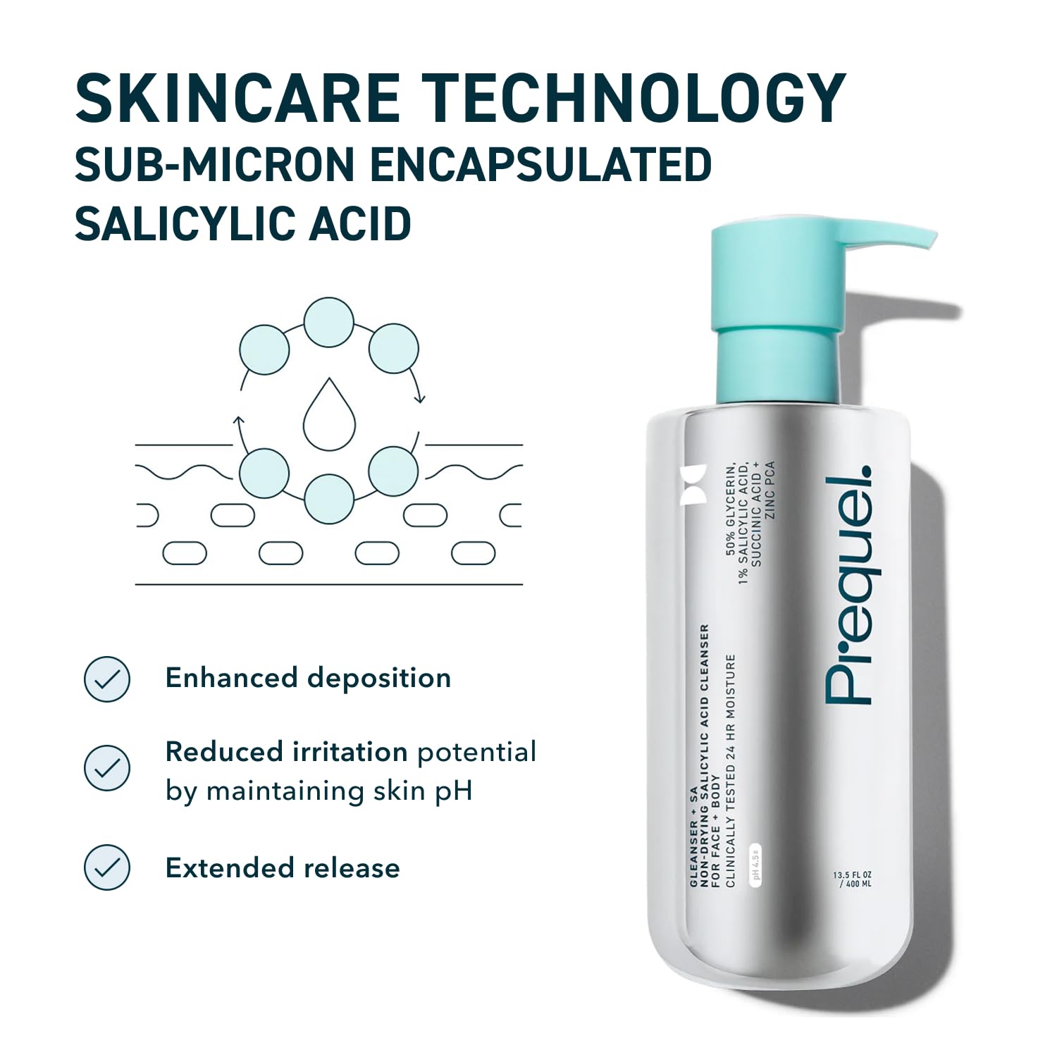 Prequel Skin Gleanser SA, 1% ácido salicílico para control suave de impurezas.