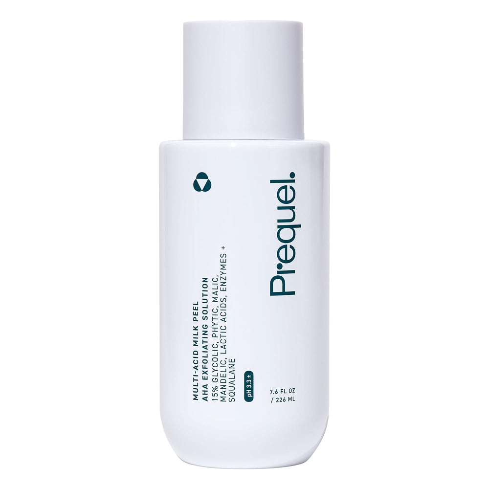 Prequel Skin Multi-Acid Milk Peel bottle shown, signaling hydrating exfoliation.