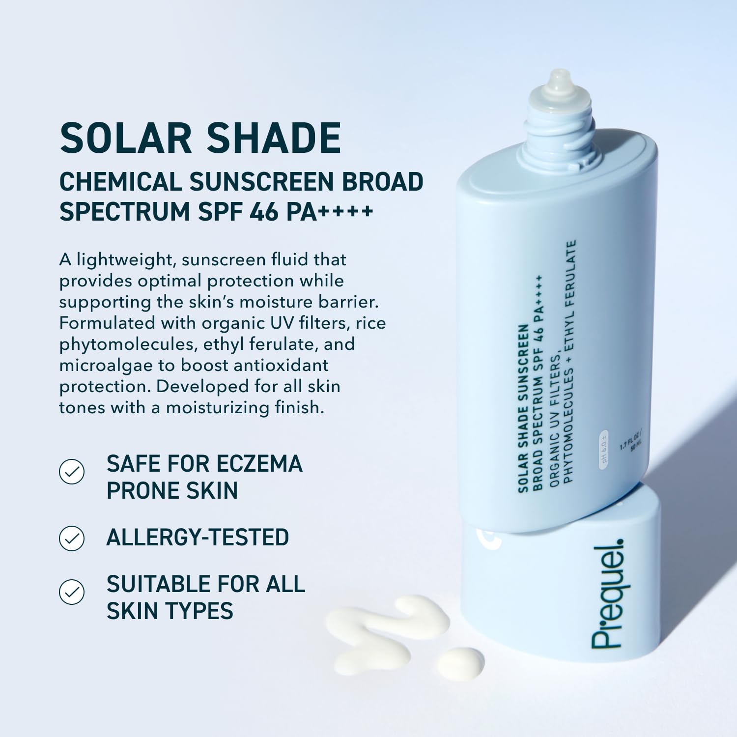 Prequel Skin Solar Shade: aplicación en piel para hidratación continua sin grasa.