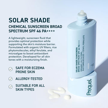 Prequel Skin Solar Shade: aplicación en piel para hidratación continua sin grasa.