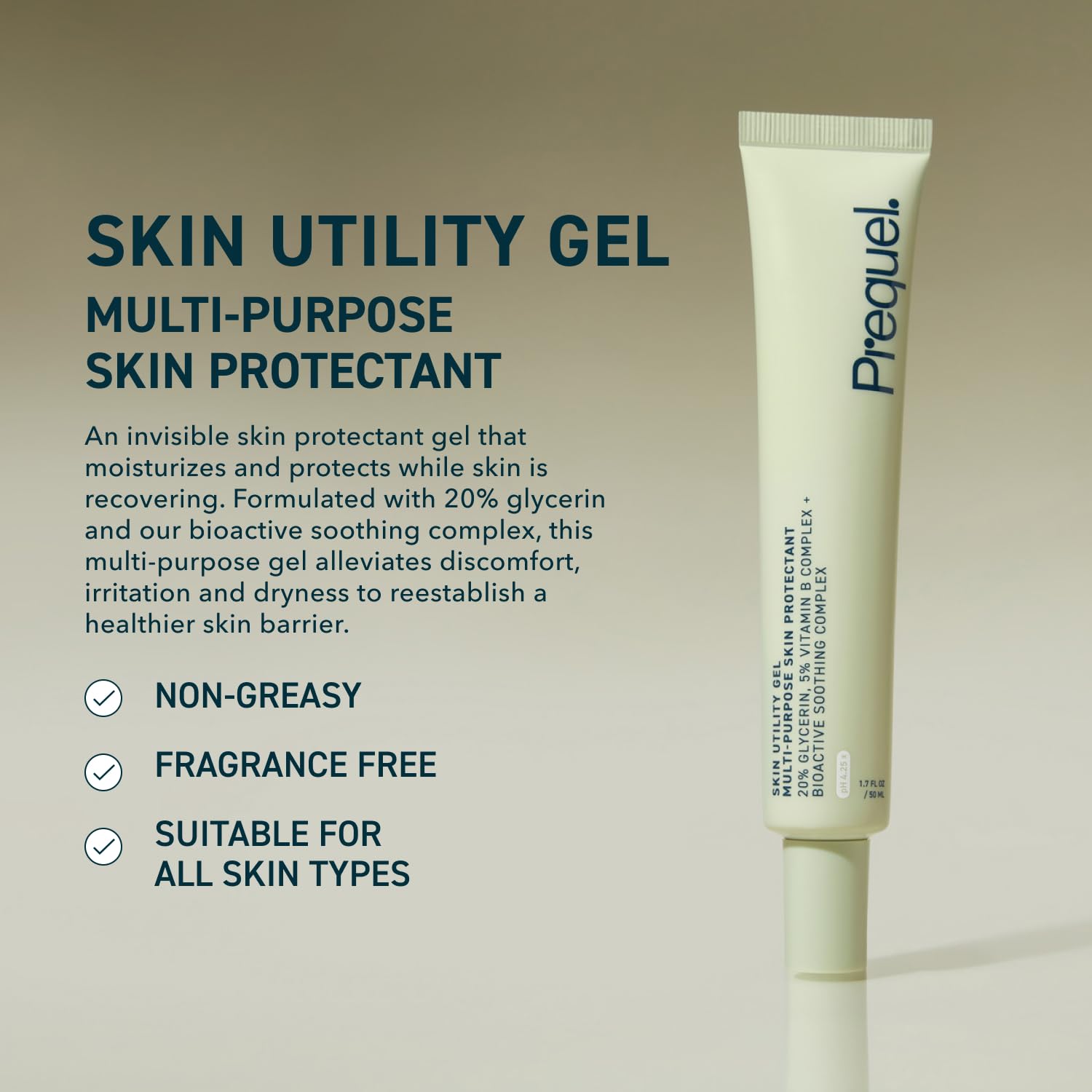 Prequel Skin Utility Gel, textura hidratante para rostro y manos, sensación suave.