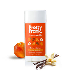 Pretty Frank desodorante naranja vainilla, embalaje compacto y reciclable.