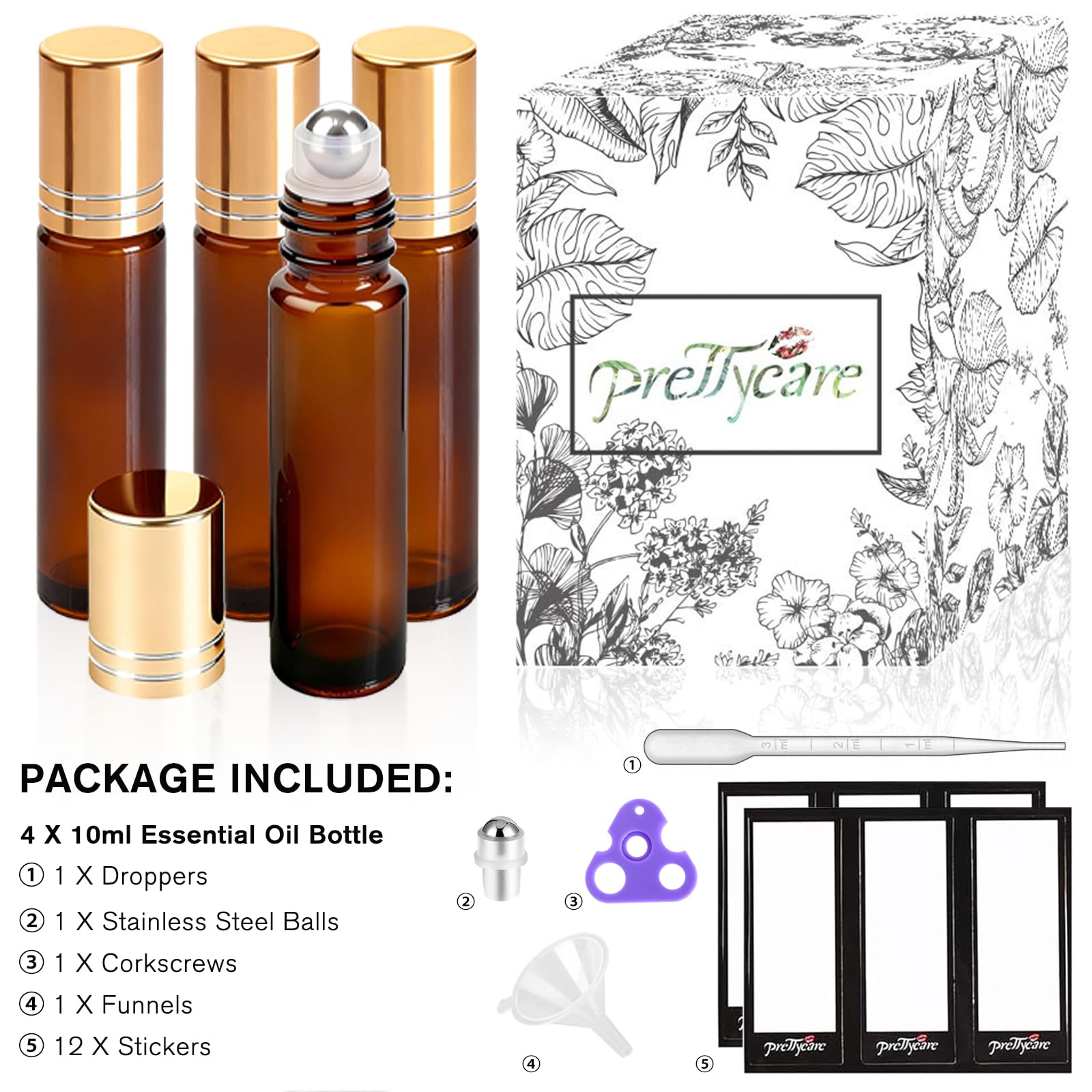 PrettyCare vidrio ámbar y rodillo de acero para aceites esenciales en viaje.