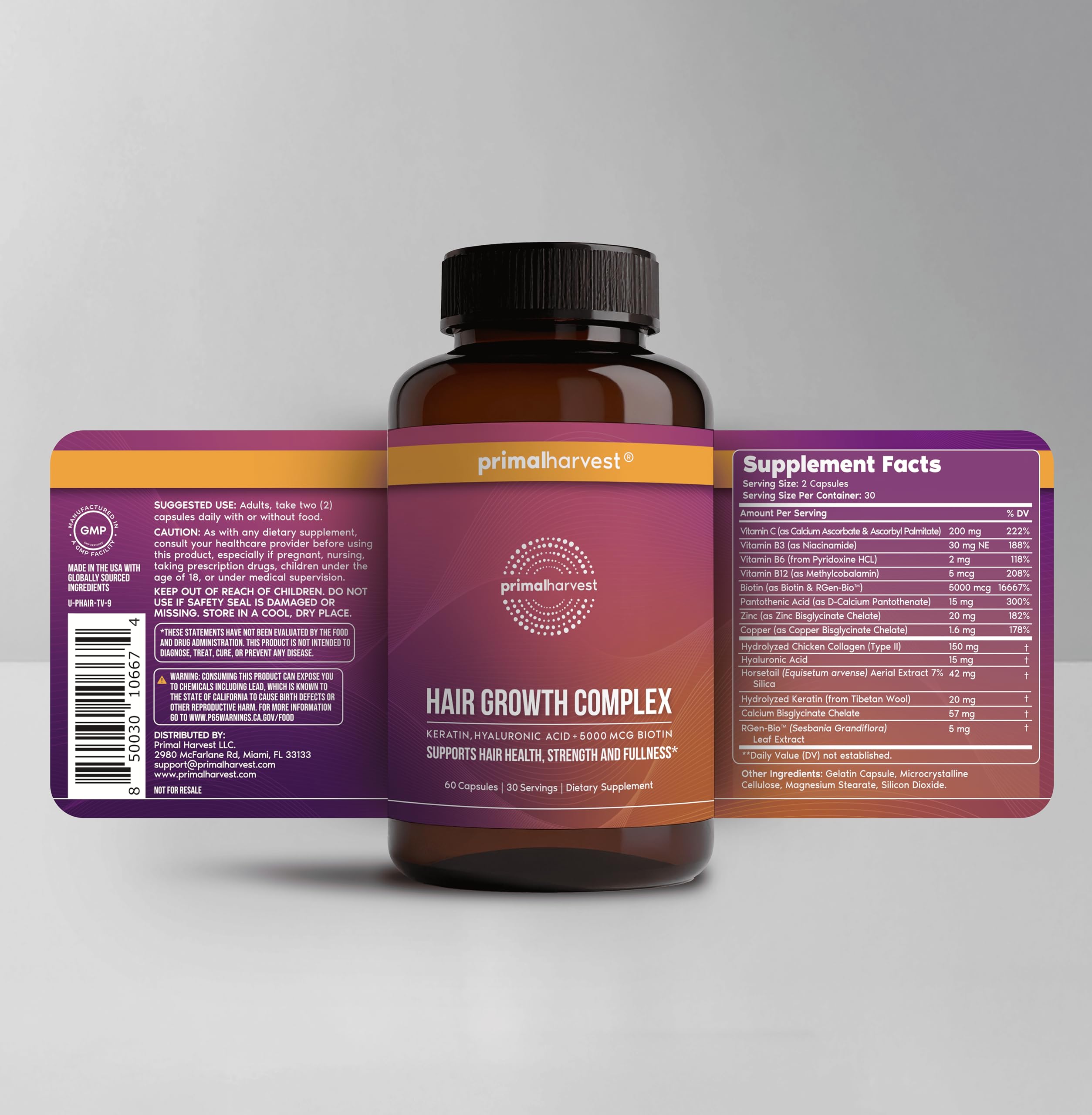 Primal Harvest Hair Growth Vitamins sobre la mesa, cápsulas para fortalecer el cabello.