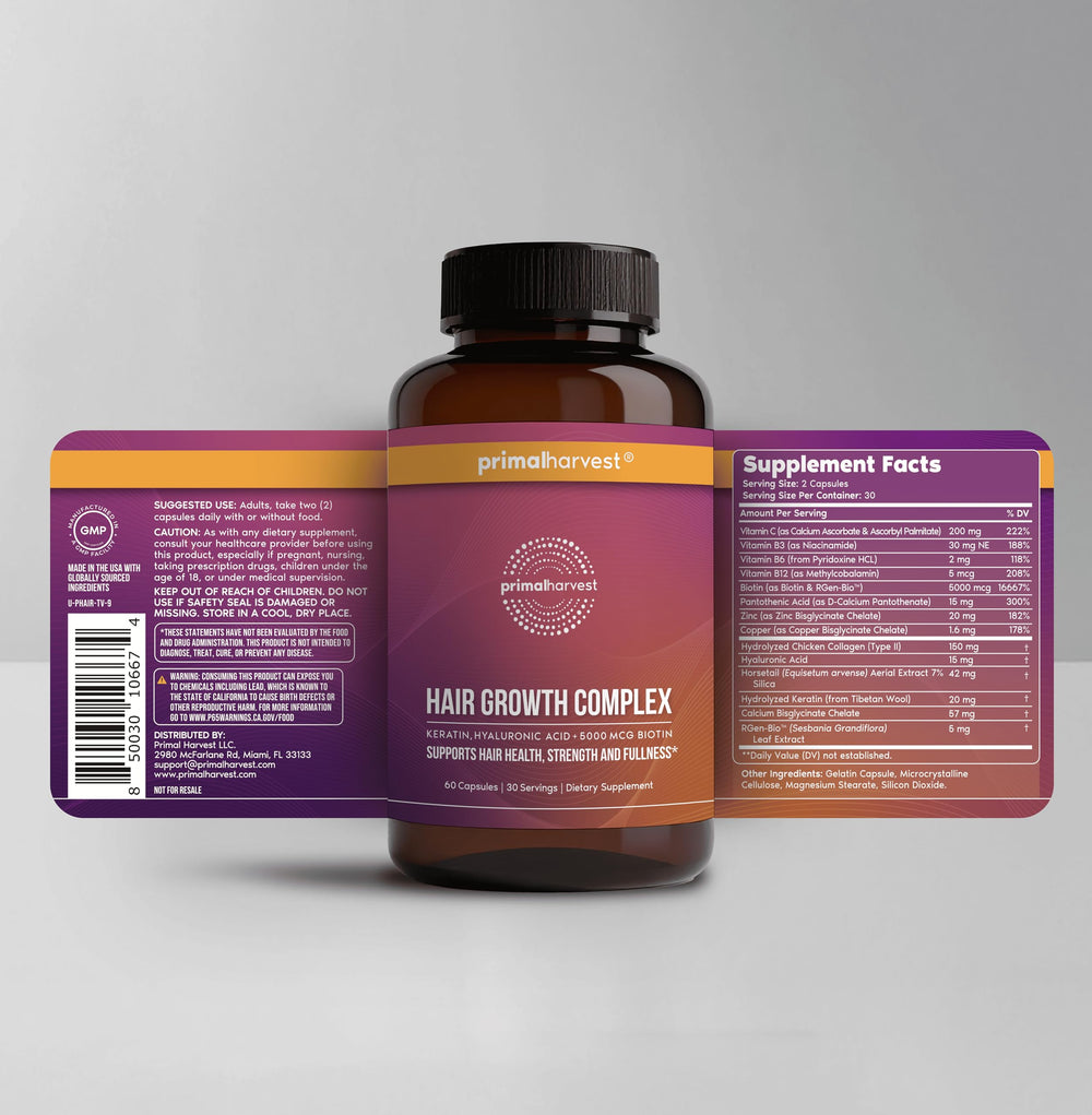 Primal Harvest Hair Growth Vitamins sobre la mesa, cápsulas para fortalecer el cabello.