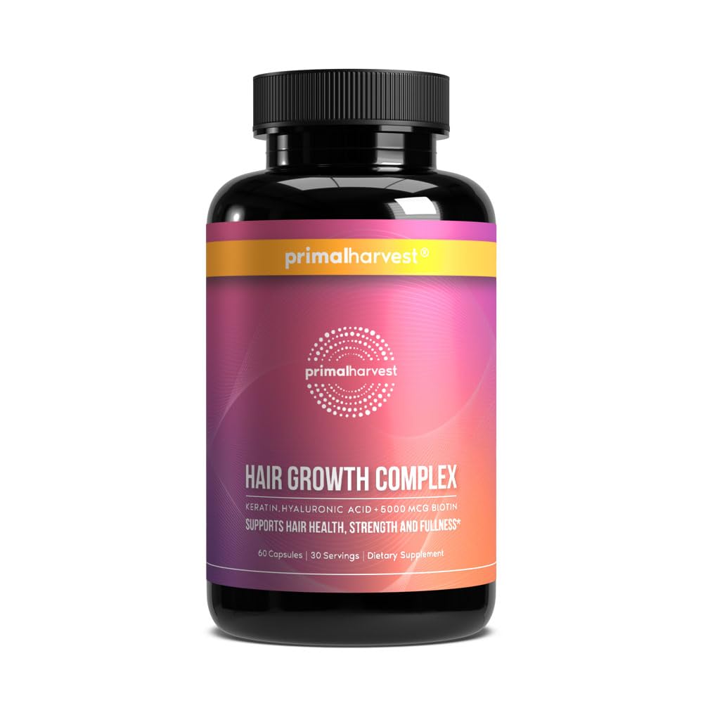 Primal Harvest Hair Growth Vitamins en frasco, apoyo diario para el cabello saludable.