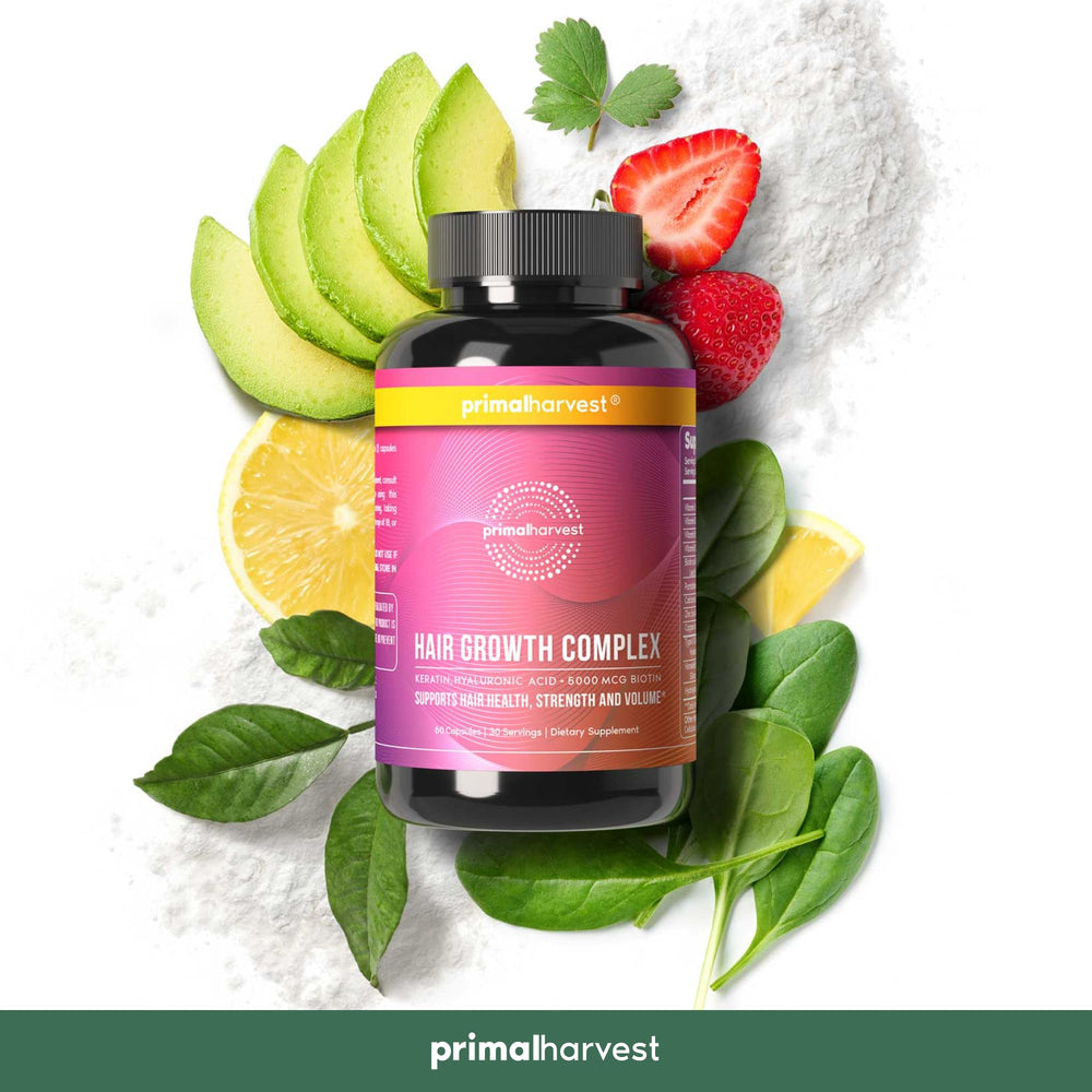 Primal Harvest Hair Growth Vitamins con keratina, fortalecimiento capilar desde la raíz.