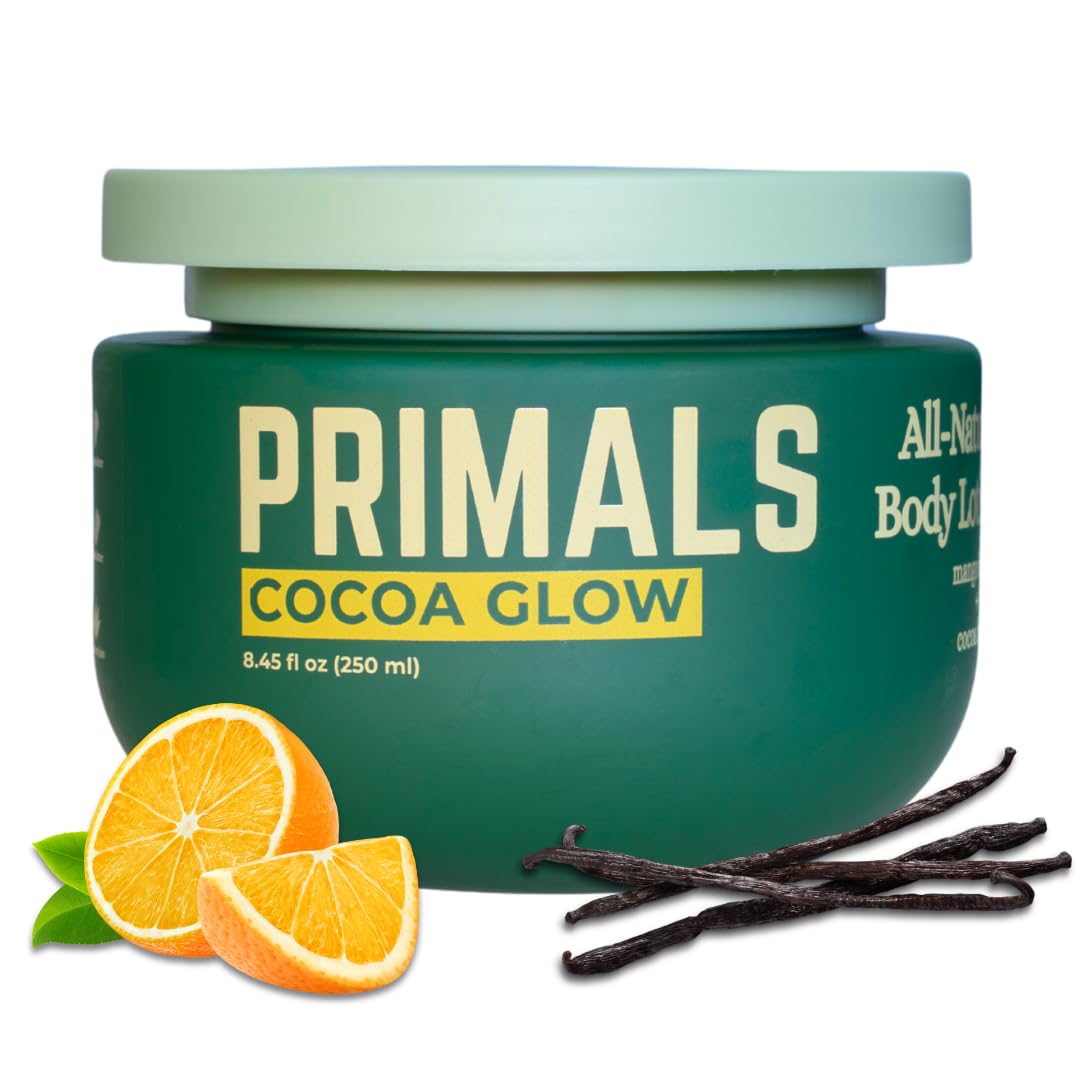 PRIMALS Loción corporal natural con manteca de cacao para piel suave y nutrida.