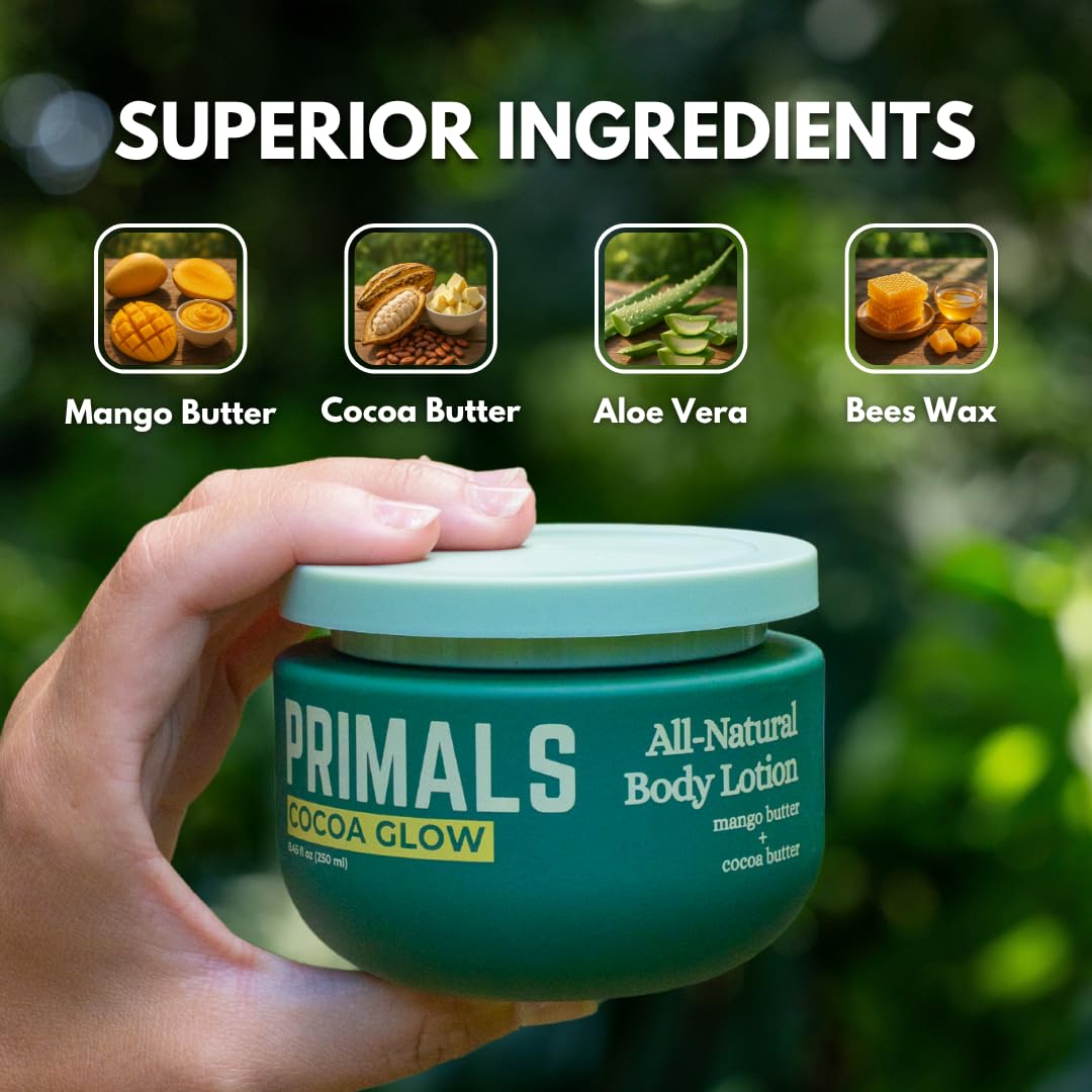 PRIMALS Loción natural con manteca de mango para hidratación profunda.