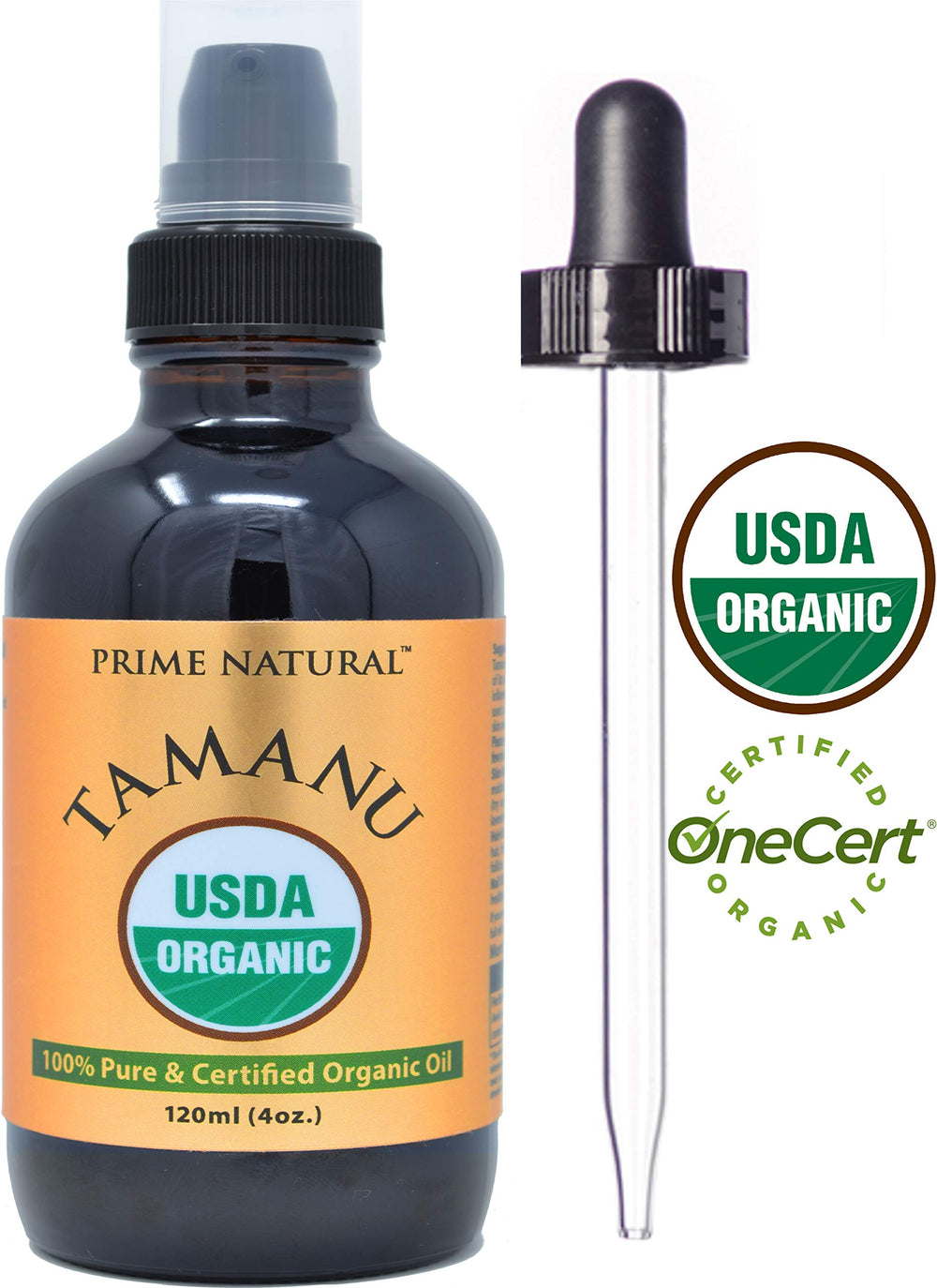 Frasco ámbar Prime Natural Tamanu con bomba para dispensación controlada.