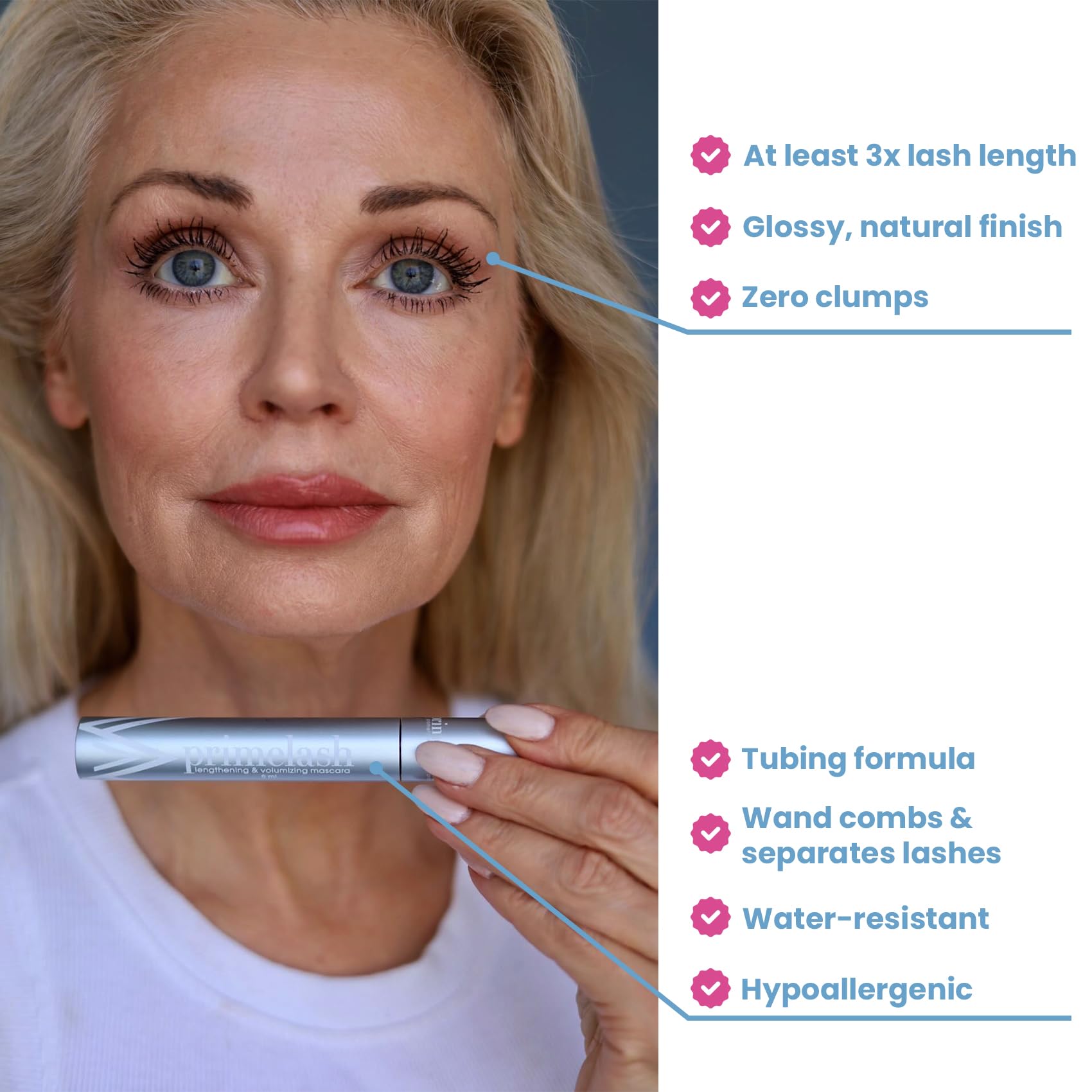 Prime Prometics PrimeLash Mascara: pestañas definidas con efecto de alargamiento suave.