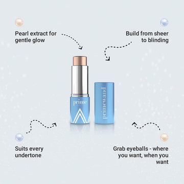 Prime Prometics PrimeWand Pearl sobre las mejillas, ilumina y define el contorno facial.