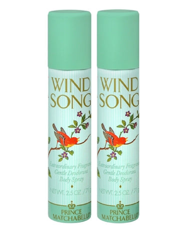 Spray corporal Wind Song de Prince Matchabelli, paquete de dos frascos para uso diario.