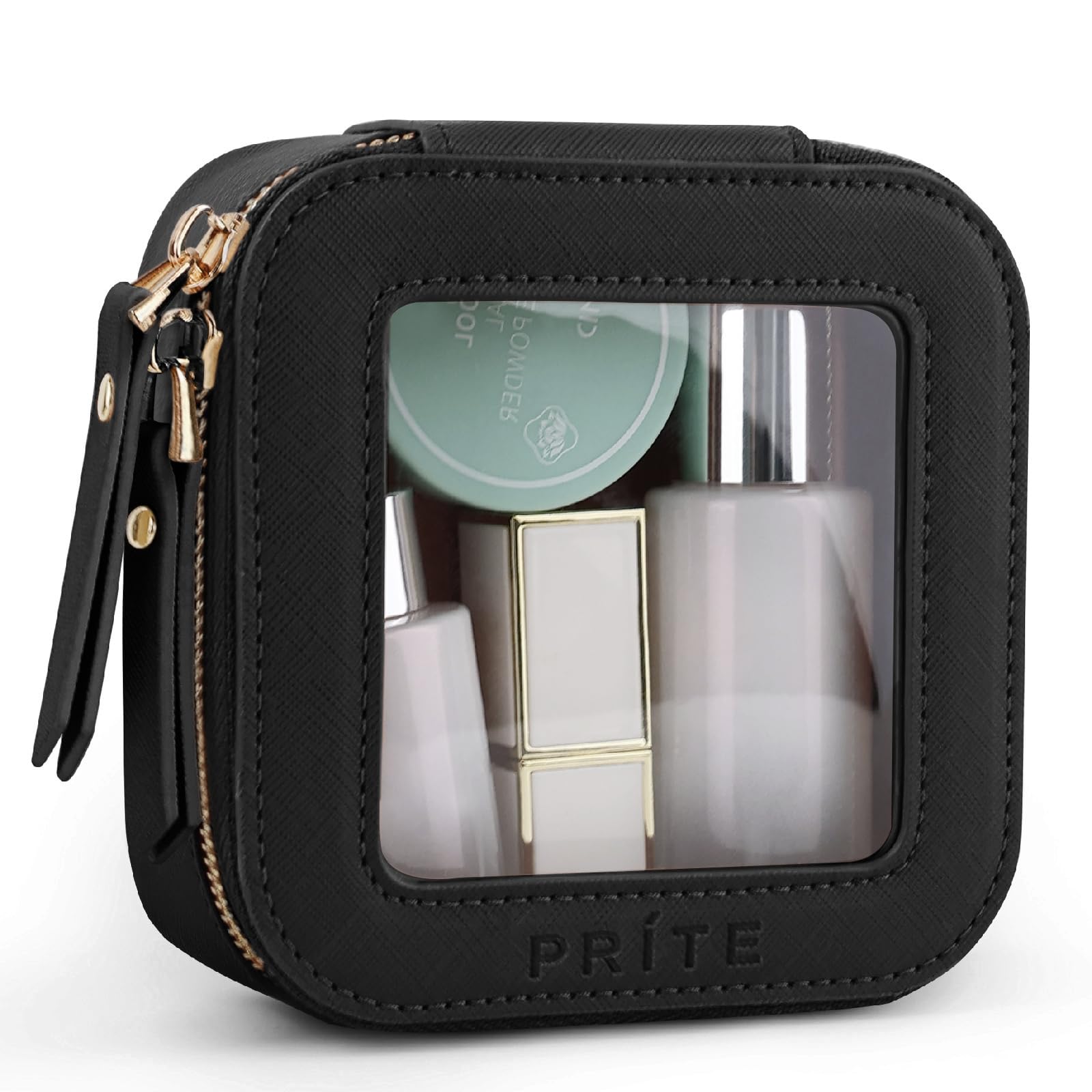 Prite mini bolsa maquillaje exterior negro, diseño compacto para viaje diario.