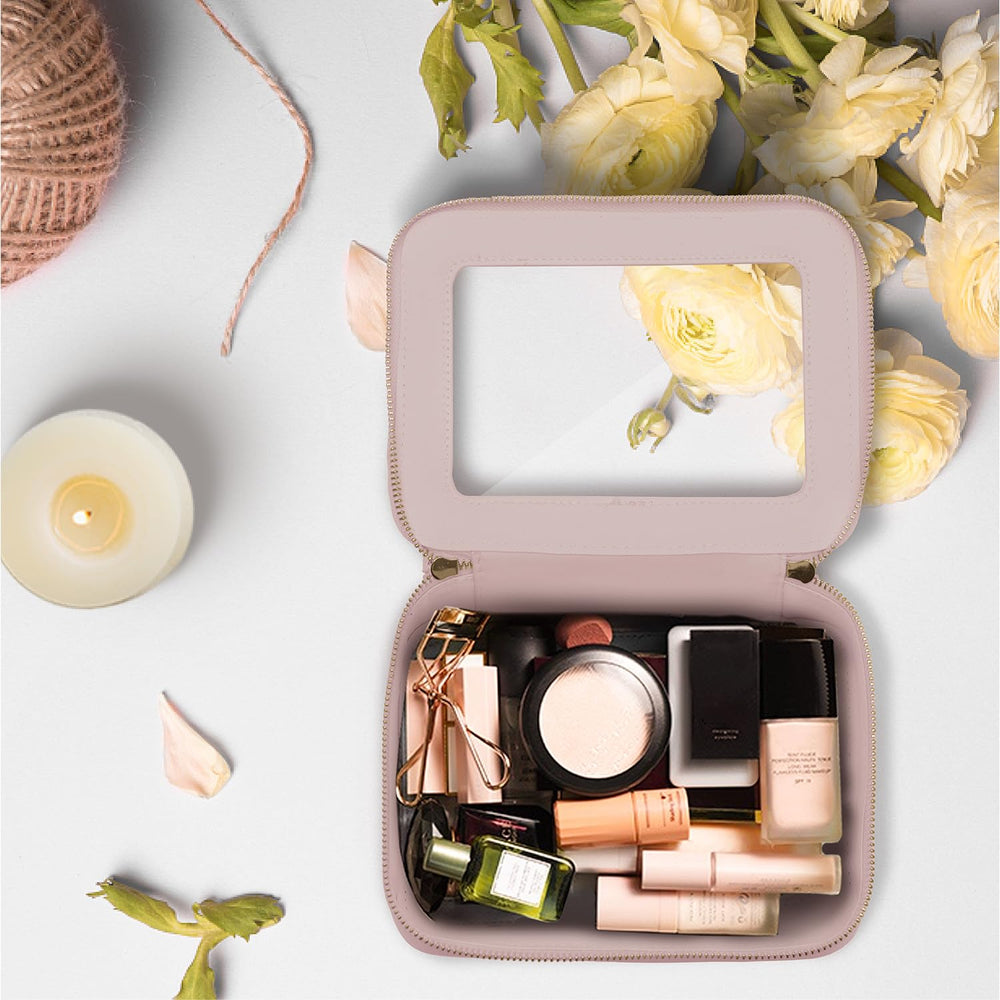 Prite bolsa maquillaje rosa perlado ideal para viajes.