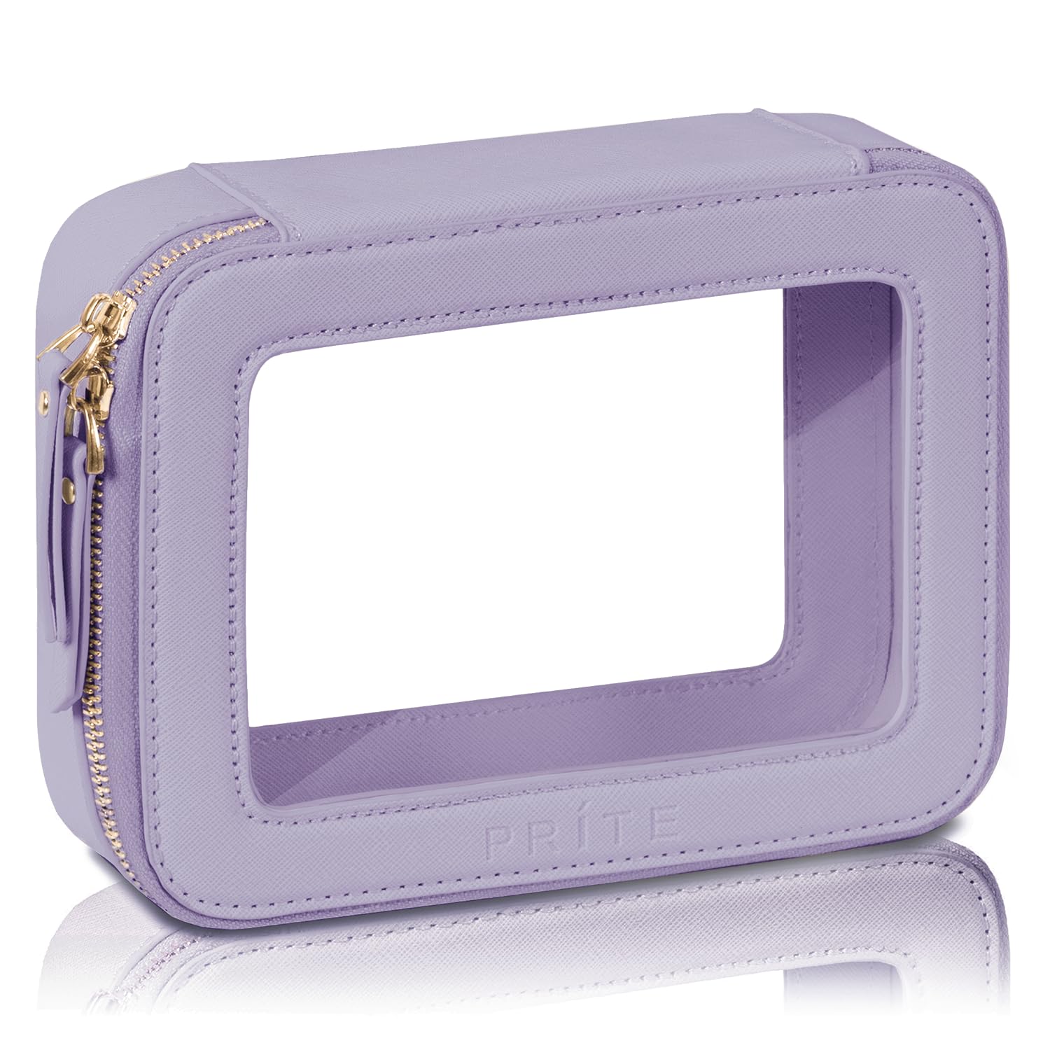 Prite bolsa cosmética transparente con cremallera dorada para ver todo de un vistazo.
