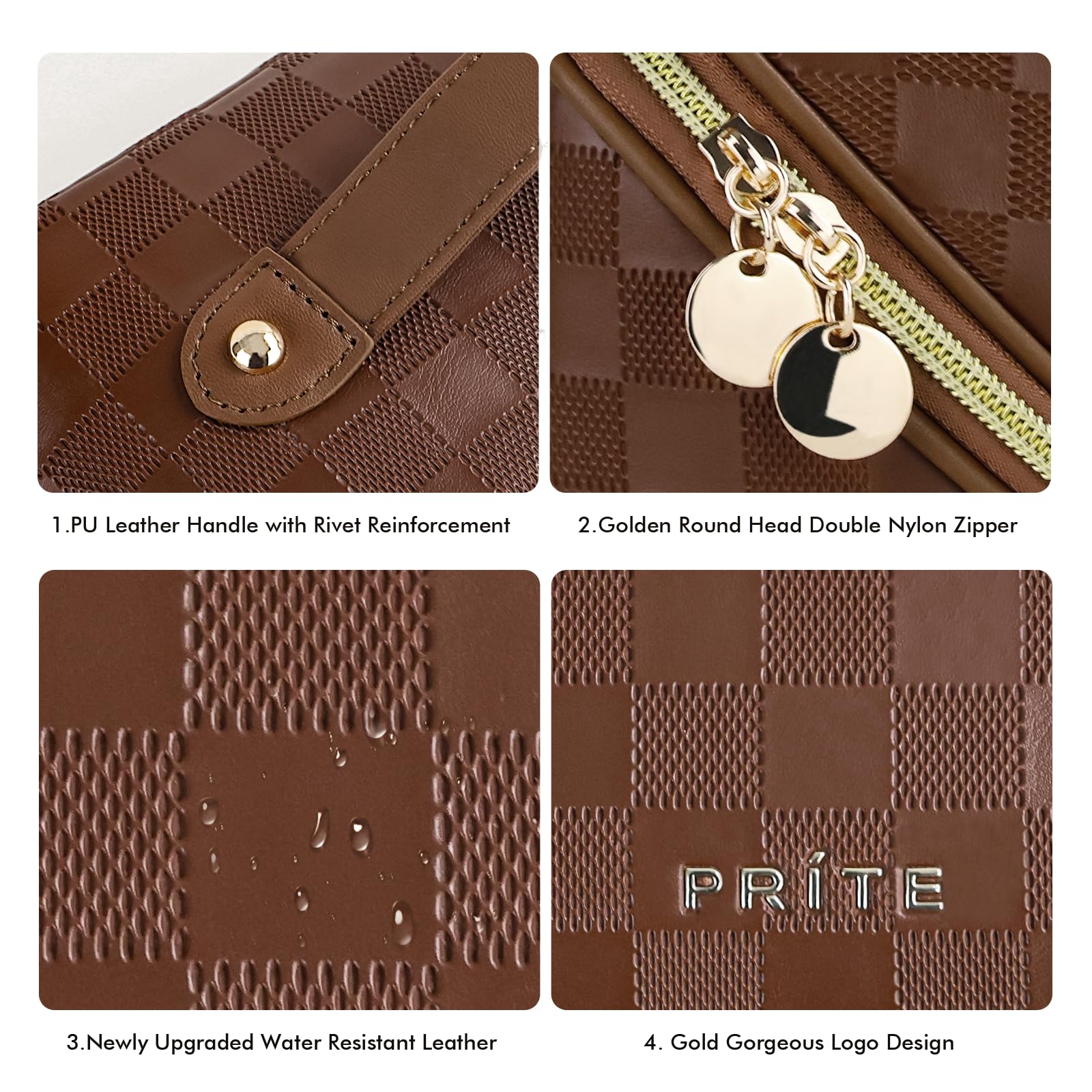 Prite bolso maquillaje a cuadros marrón, 3 compartimentos para organizar cosméticos.