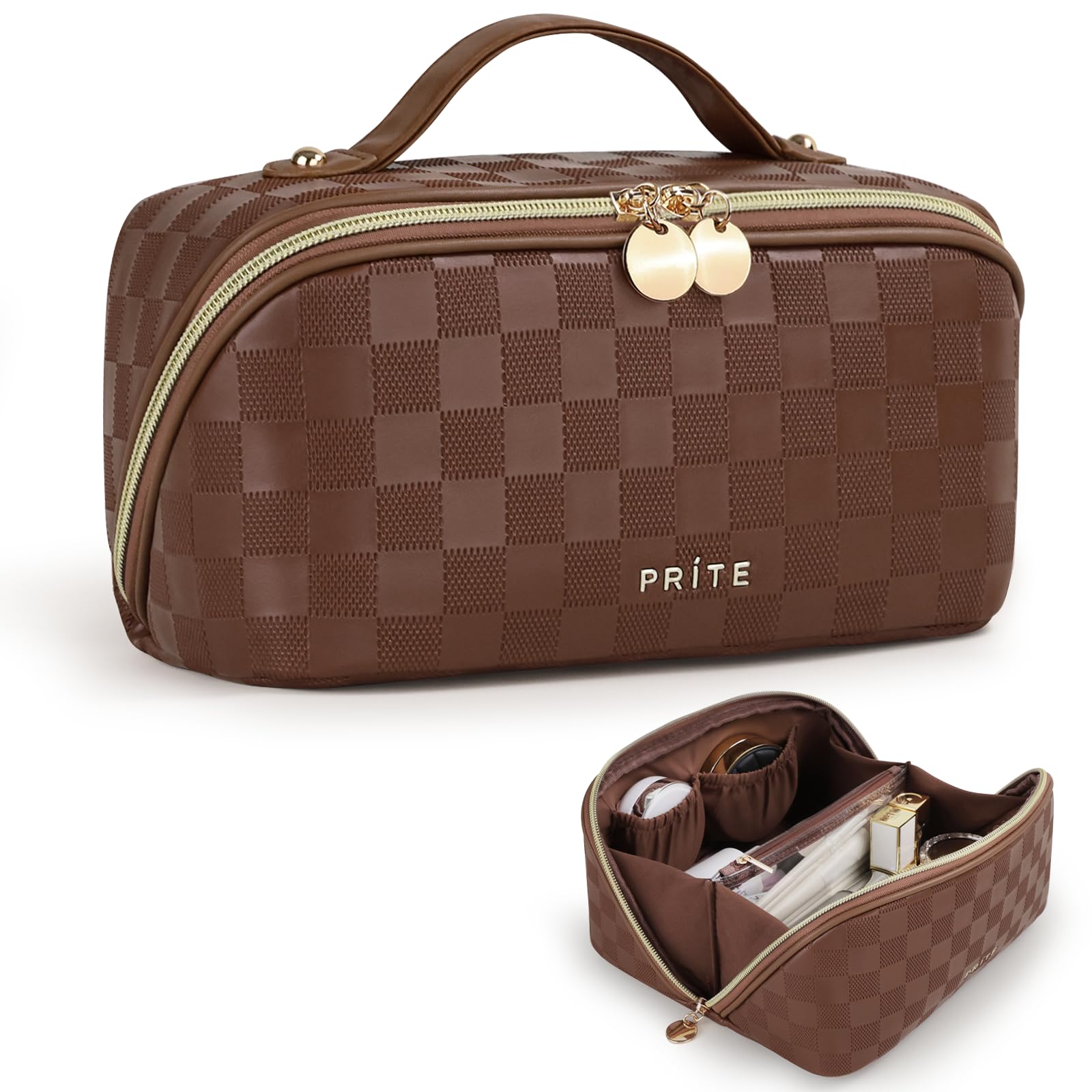 Prite bolso maquillaje a cuadros marrón, exterior resistente para viajes y uso diario.