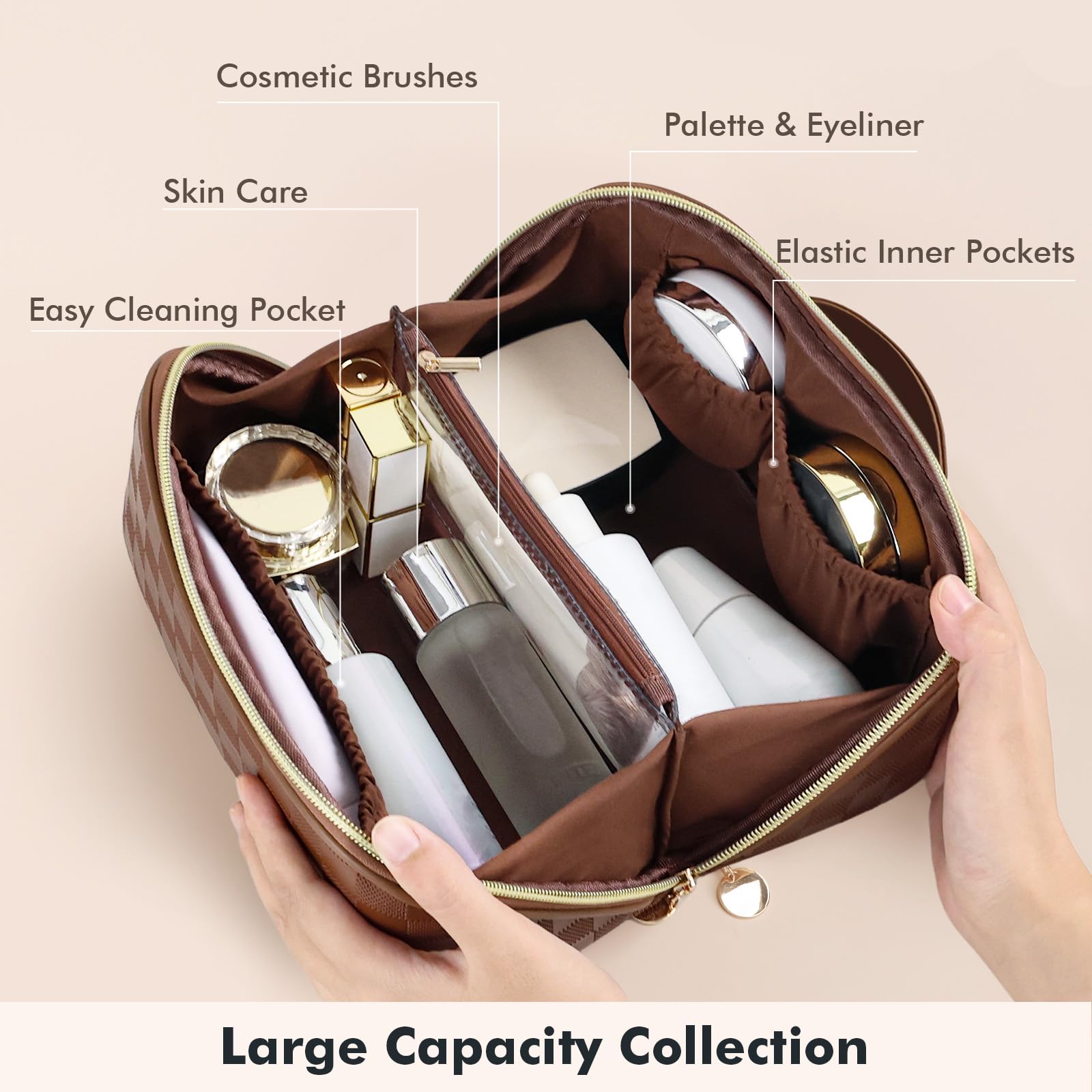Prite bolso maquillaje a cuadros marrón, interior con divisores para ver todo rápidamente.